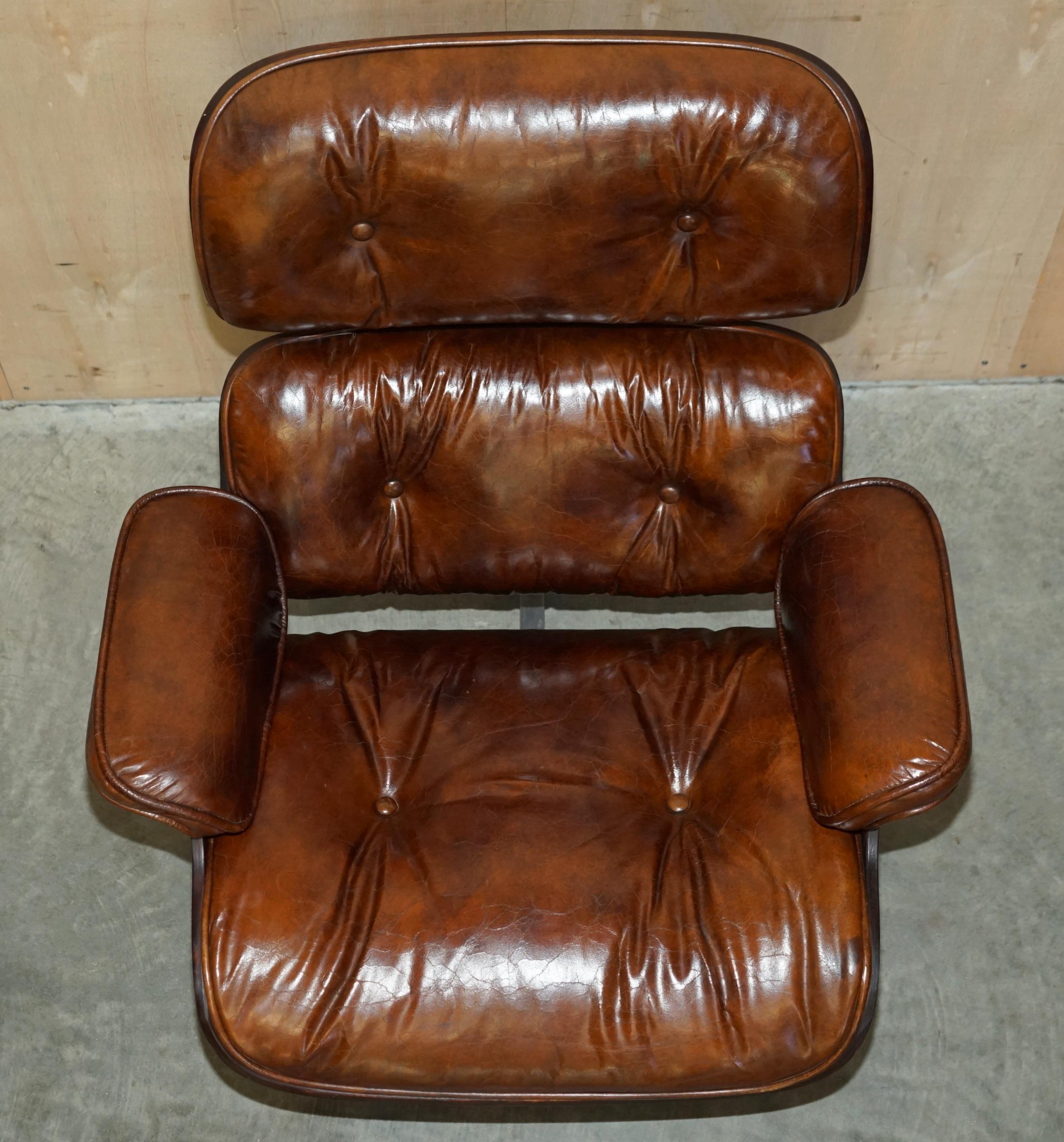 Heritage Aged Brown Leather Lounge Armchair & Ottoman with Teak Bentwood Frame 4