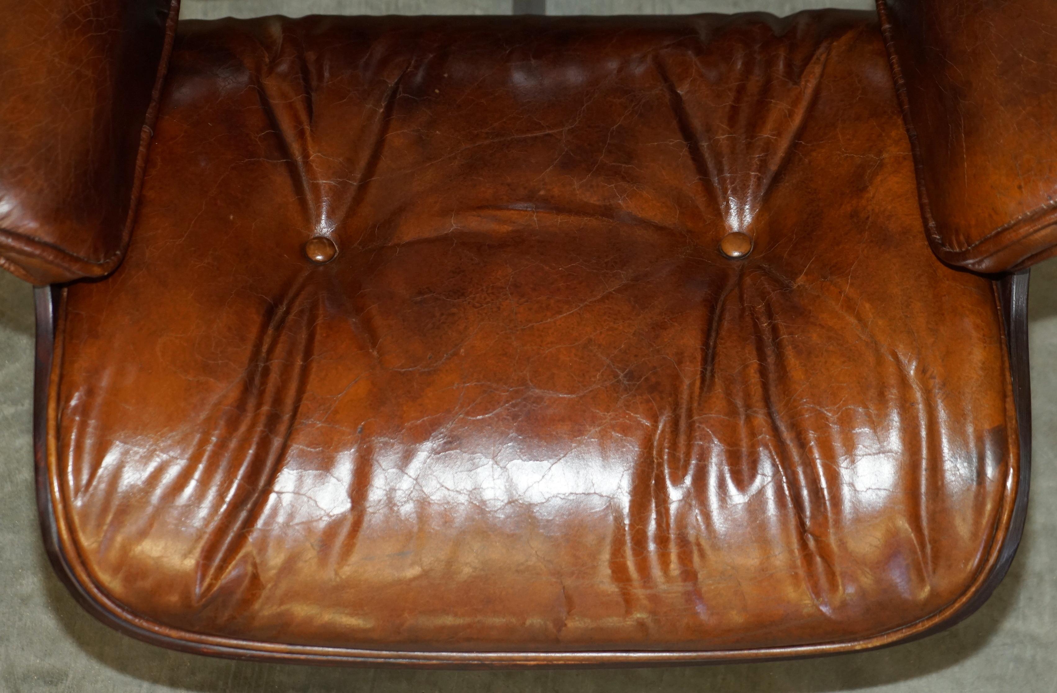 Heritage Aged Brown Leather Lounge Armchair & Ottoman with Teak Bentwood Frame 5