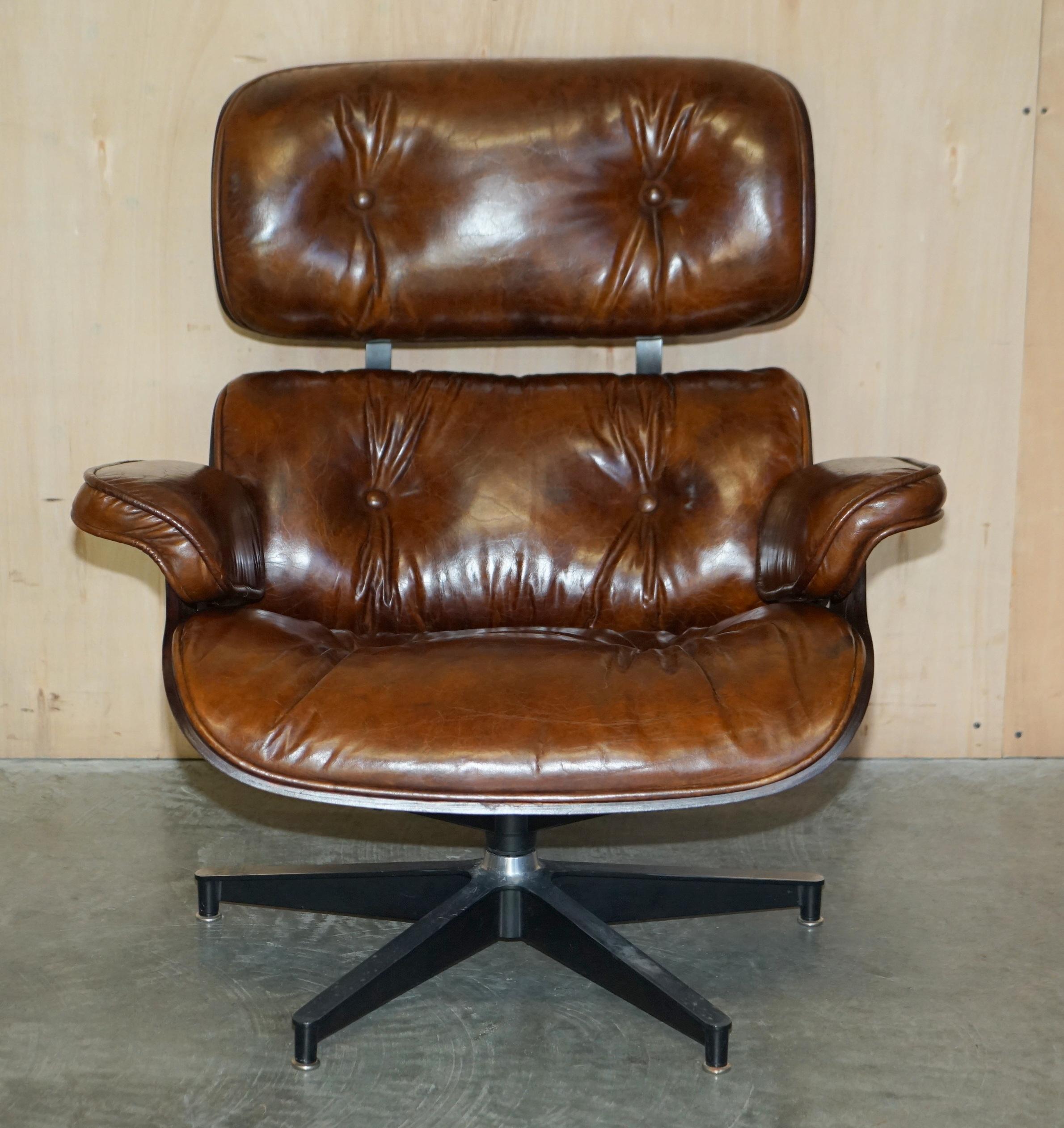 Mid-Century Modern Heritage Aged Brown Leather Lounge Armchair & Ottoman with Teak Bentwood Frame