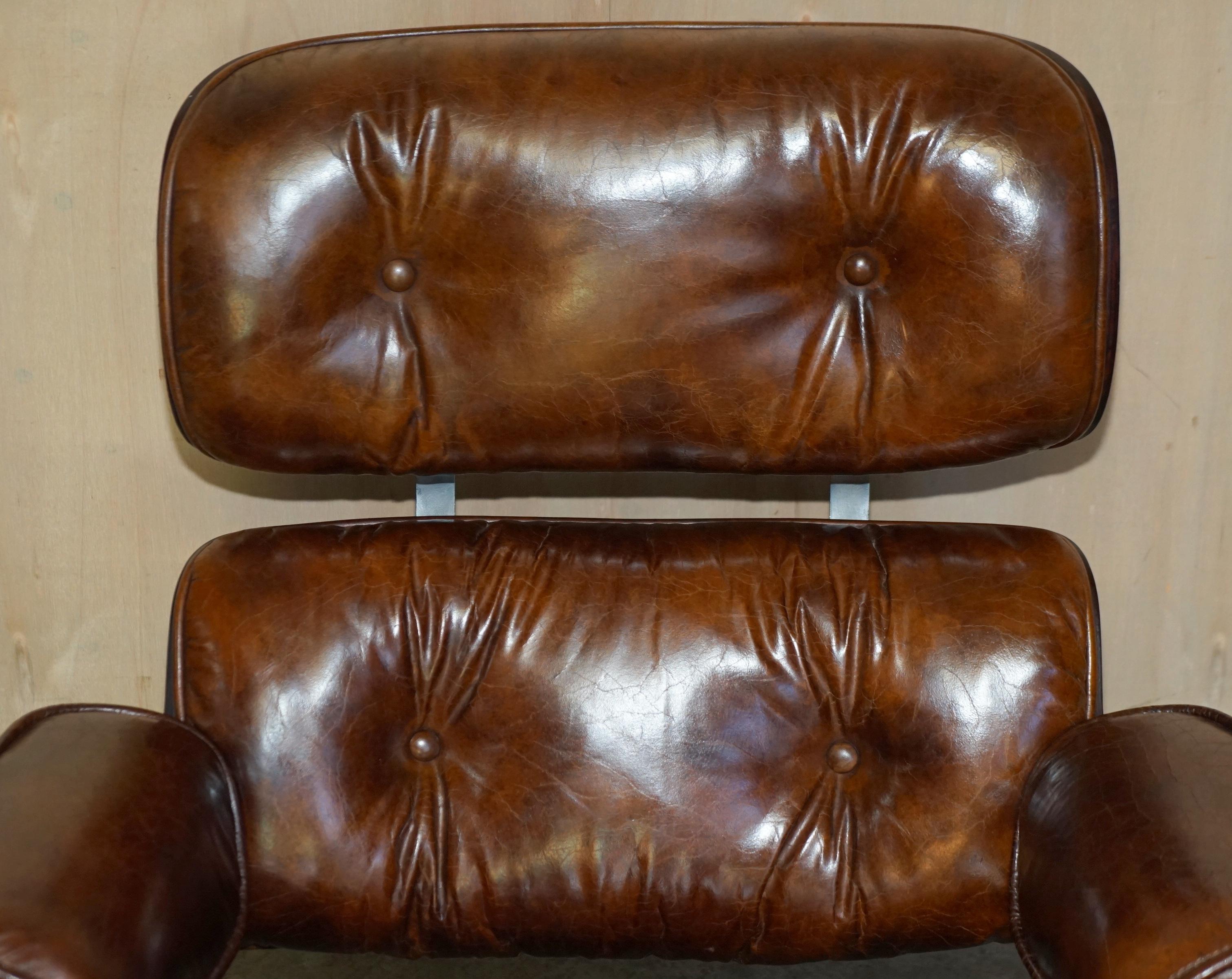 European Heritage Aged Brown Leather Lounge Armchair & Ottoman with Teak Bentwood Frame