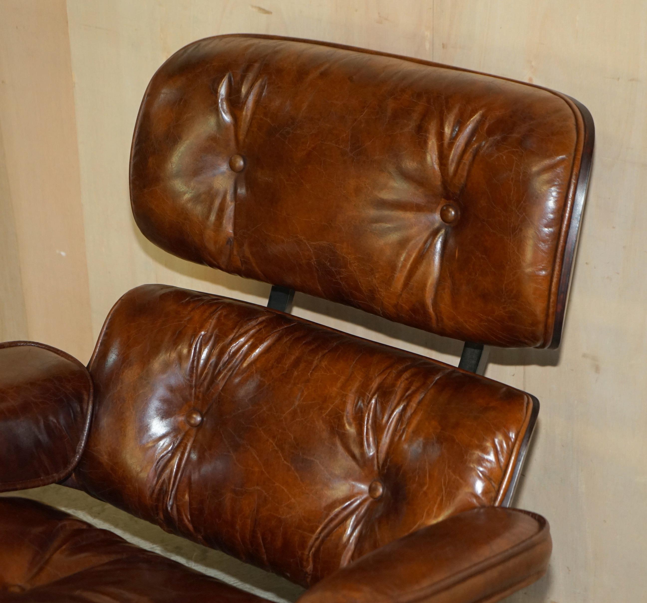 Hand-Crafted Heritage Aged Brown Leather Lounge Armchair & Ottoman with Teak Bentwood Frame