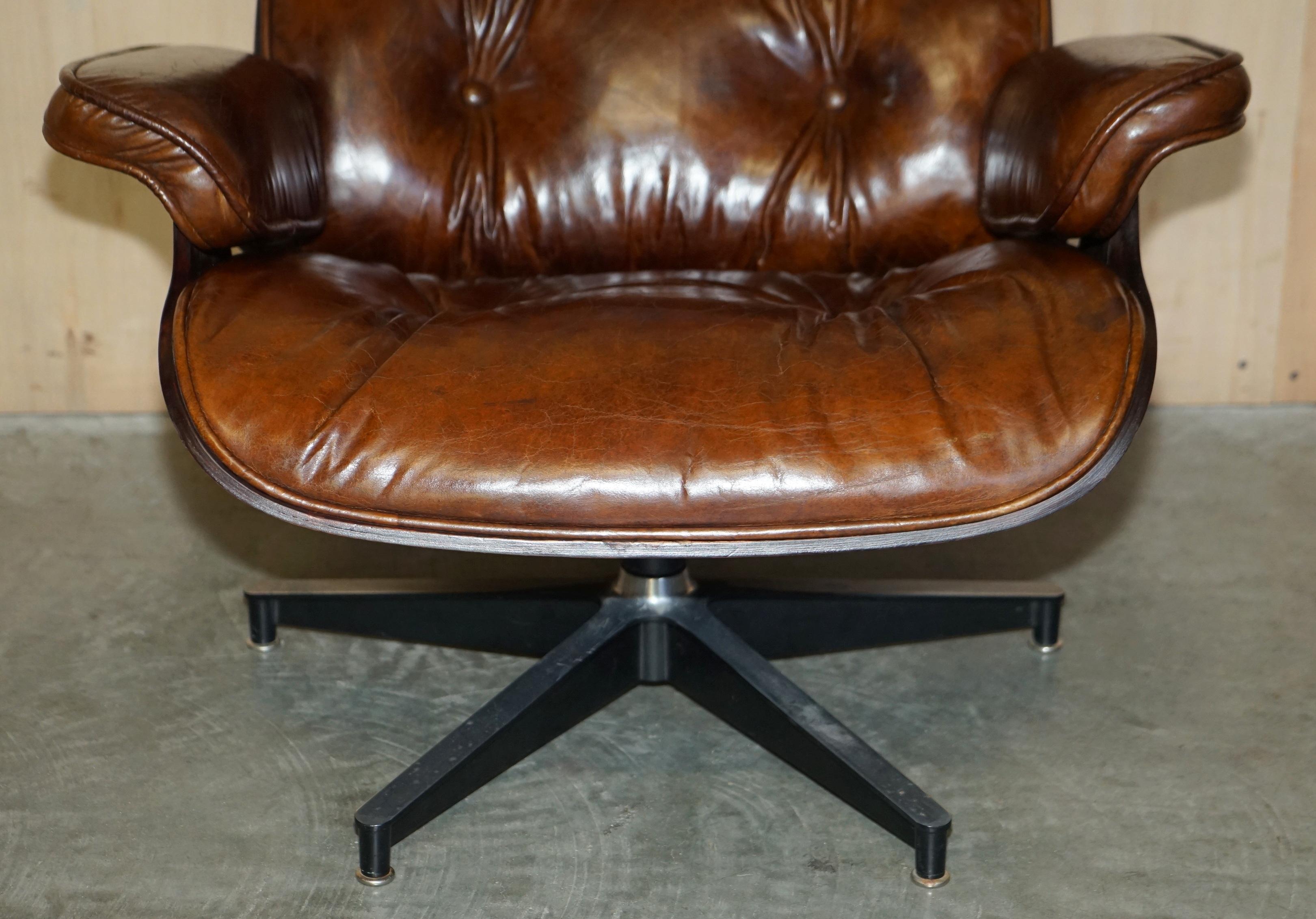 20th Century Heritage Aged Brown Leather Lounge Armchair & Ottoman with Teak Bentwood Frame