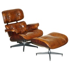 Heritage Aged Brown Leather Lounge Armchair & Ottoman with Teak Bentwood Frame