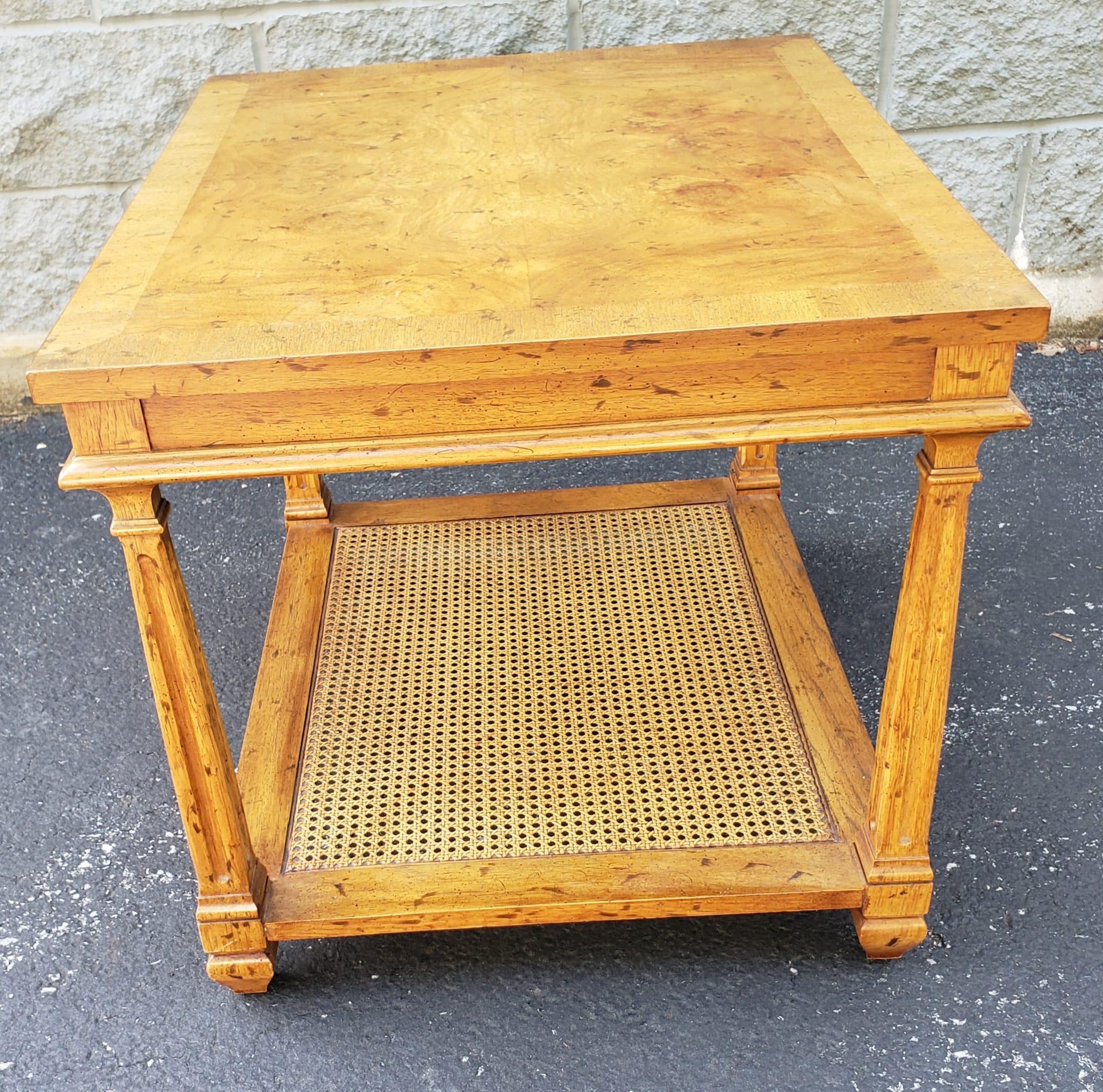 Heritage American 2-Tier Burl Fruitwood and Cane Side Table w Pull-out Tray In Good Condition For Sale In Germantown, MD