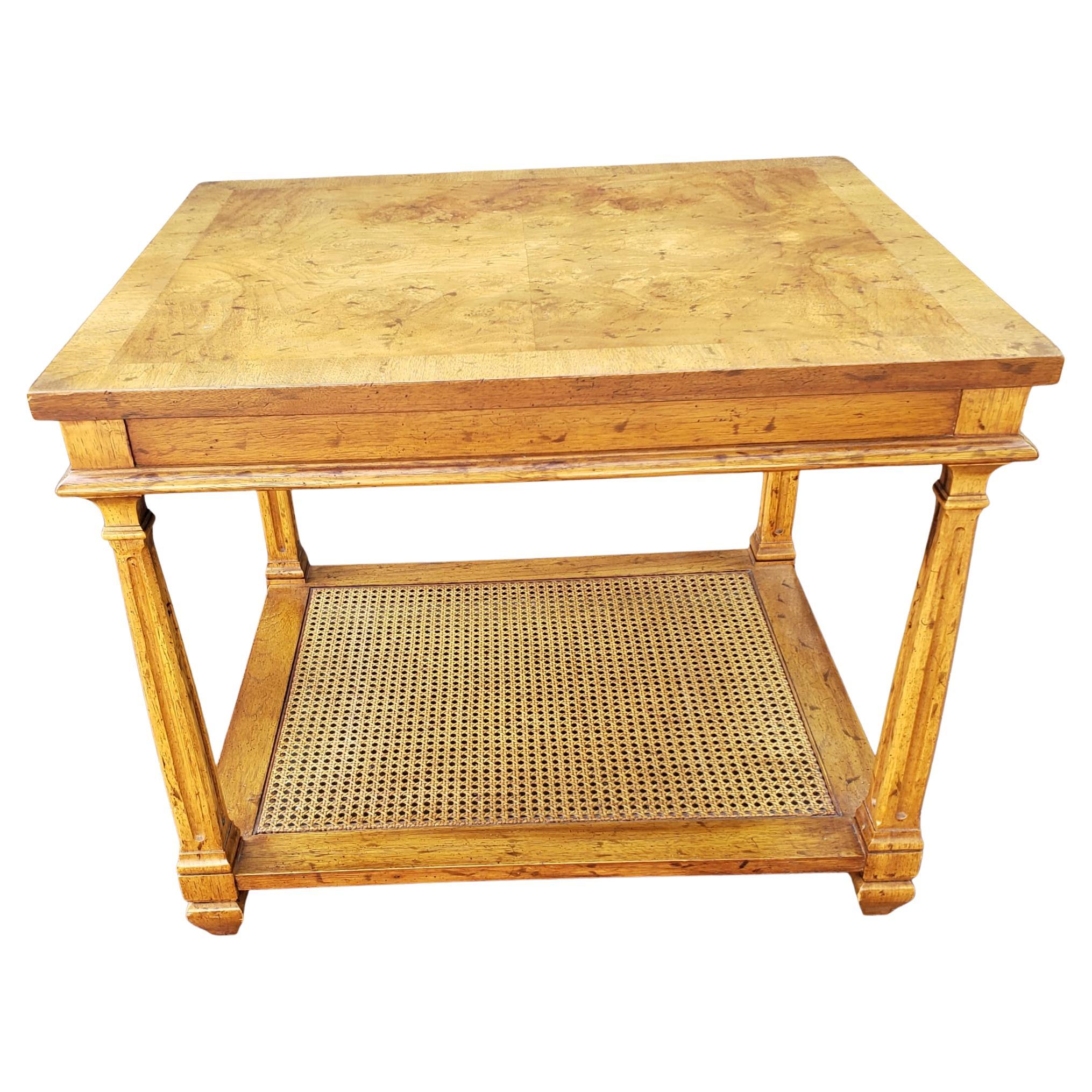 Heritage American 2-Tier Burl Fruitwood and Cane Side Table w Pull-out Tray