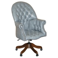 Used HERITAGE BLUE LEATHER UPHOLSTERED CHESTERFIELD DiRECTORS OFFICE SWIVEL ARMCHAIR