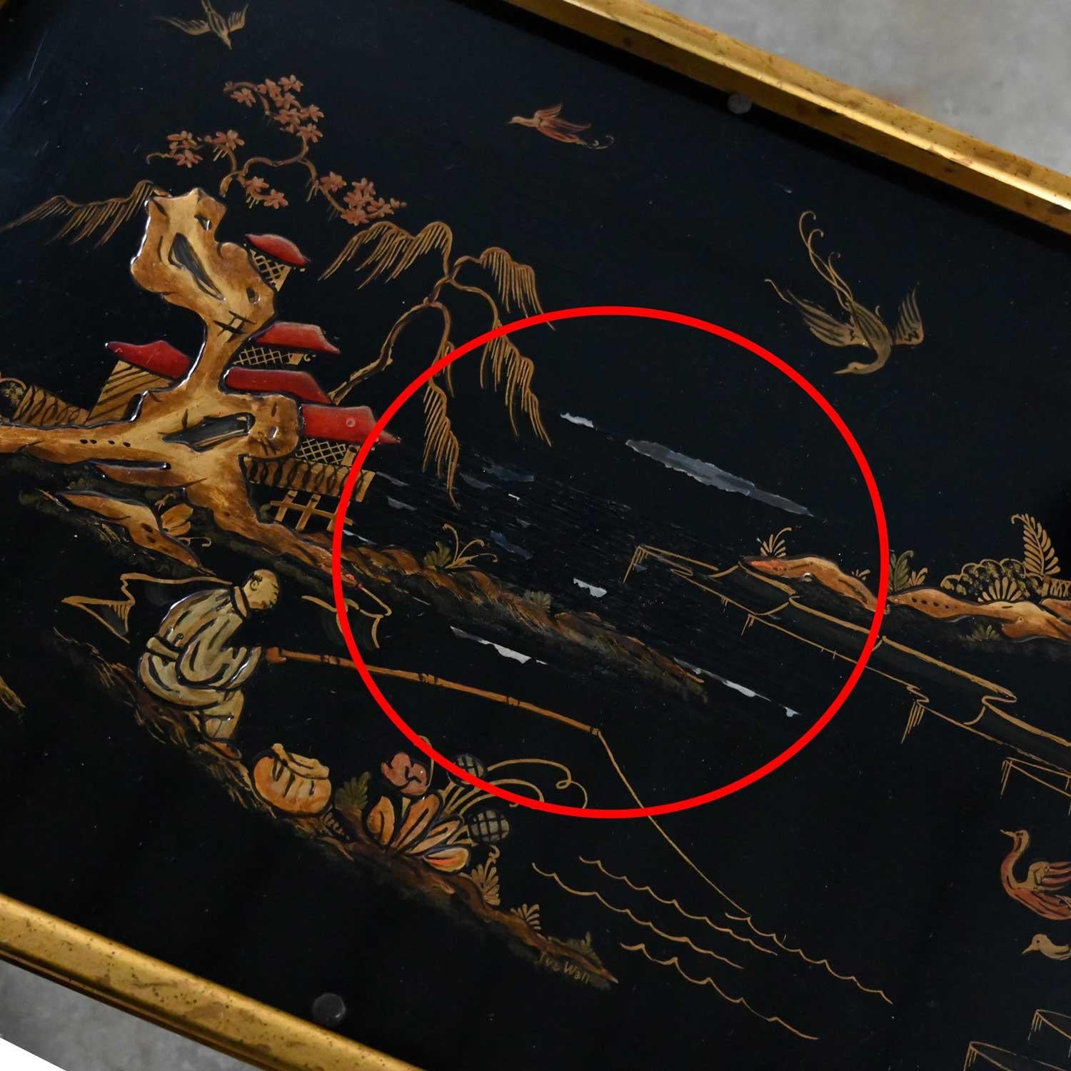 Table d'appoint à insert en bois doré sculpté et sculpté avec scène de chinoiserie peinte à la main, style héritage en vente 3