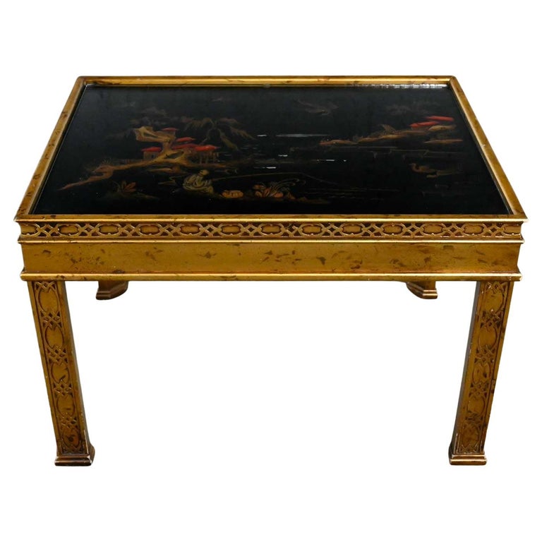Heritage Chinoiserie Hand Painted Scene Carved Gilt Wood Glass Insert End Table For Sale