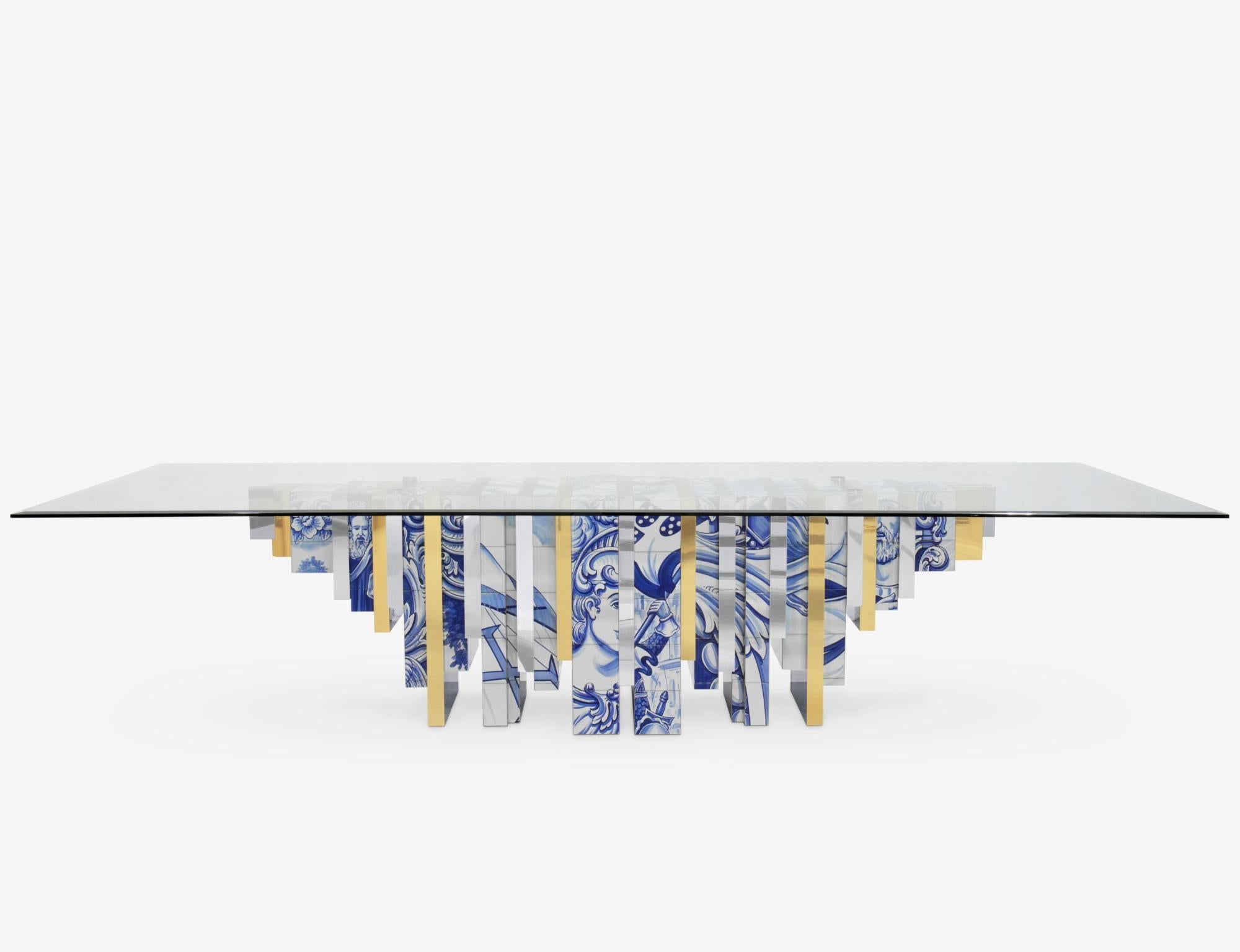 Portuguese Heritage Dining Table - Hand-Painted Tiles - Glass & Brass - Boca do Lobo For Sale