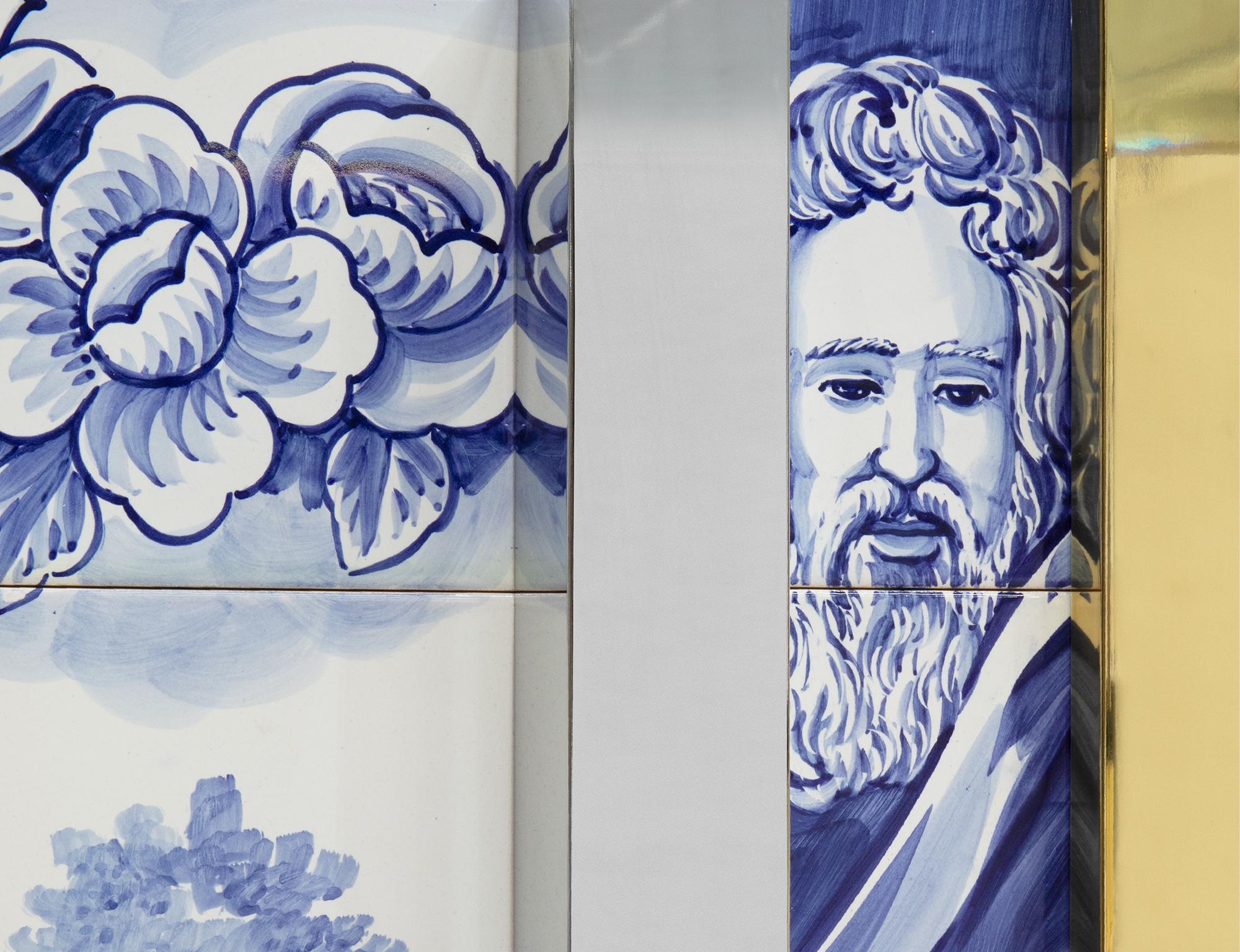Hand-Carved Heritage Dining Table - Hand-Painted Tiles - Glass & Brass - Boca do Lobo For Sale