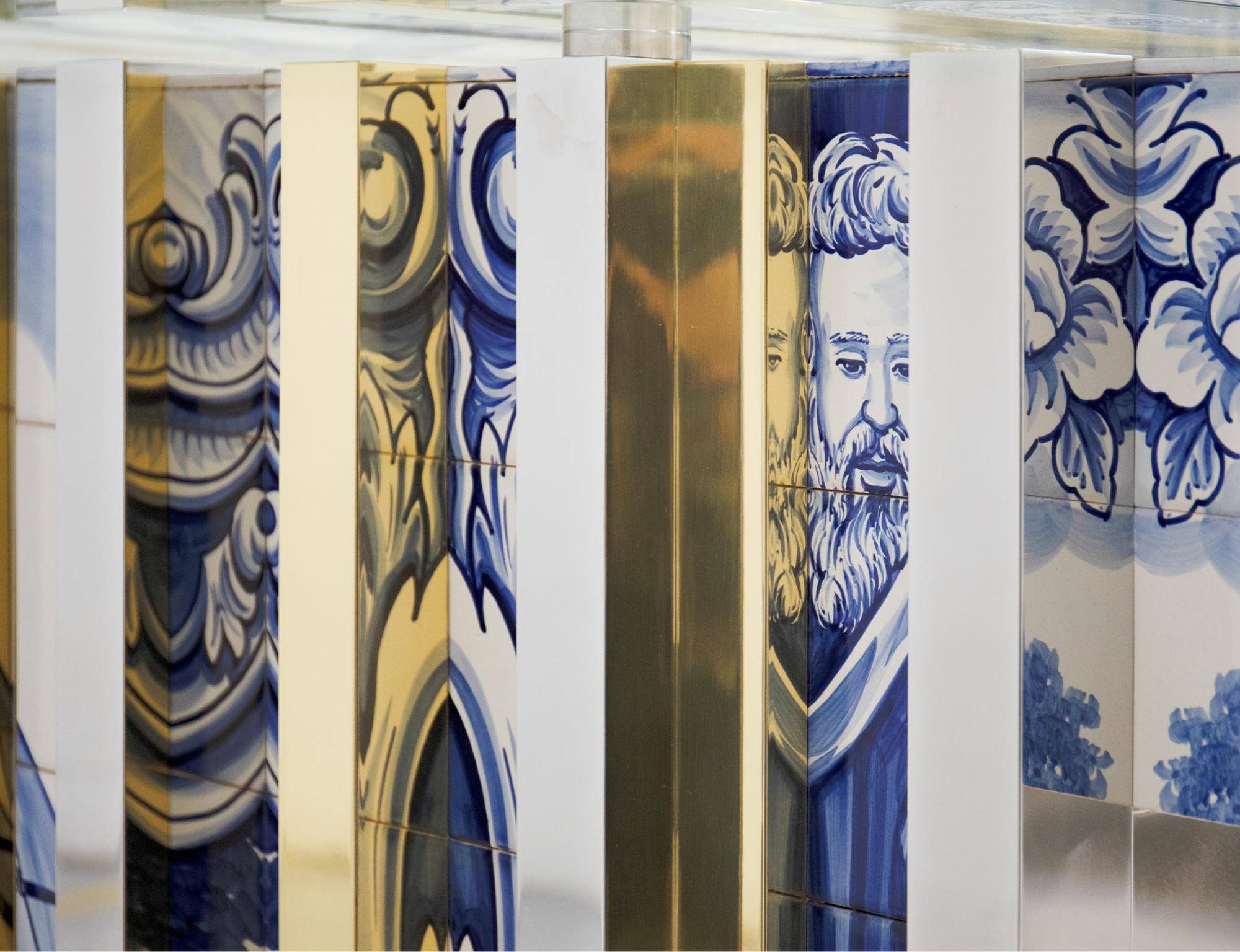 Contemporary Heritage Dining Table - Hand-Painted Tiles - Glass & Brass - Boca do Lobo For Sale