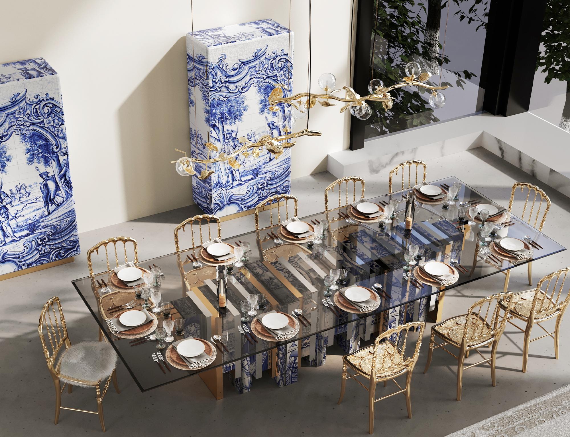 Metal Heritage Dining Table - Hand-Painted Tiles - Glass & Brass - Boca do Lobo For Sale