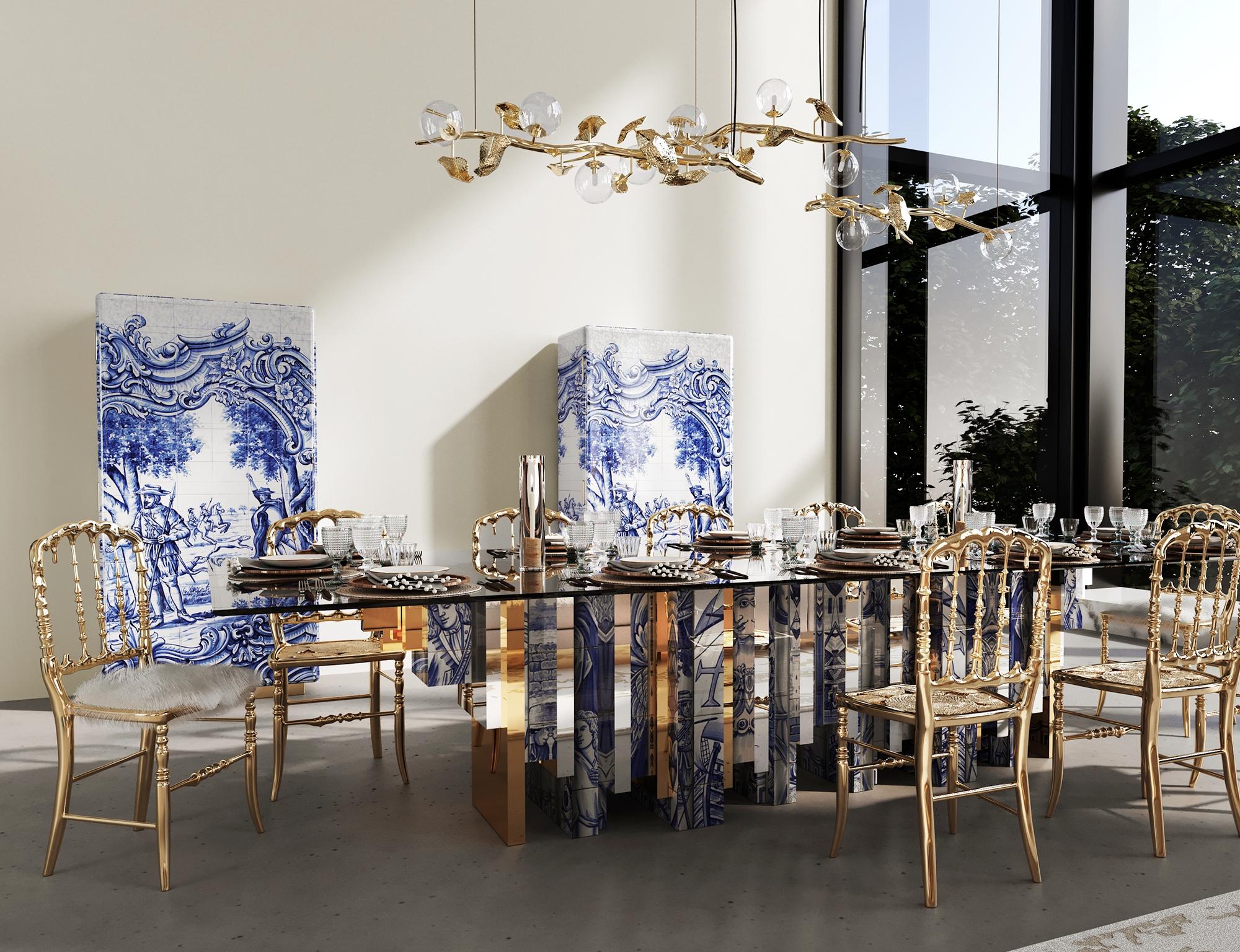 Heritage Dining Table - Hand-Painted Tiles - Glass & Brass - Boca do Lobo For Sale 1