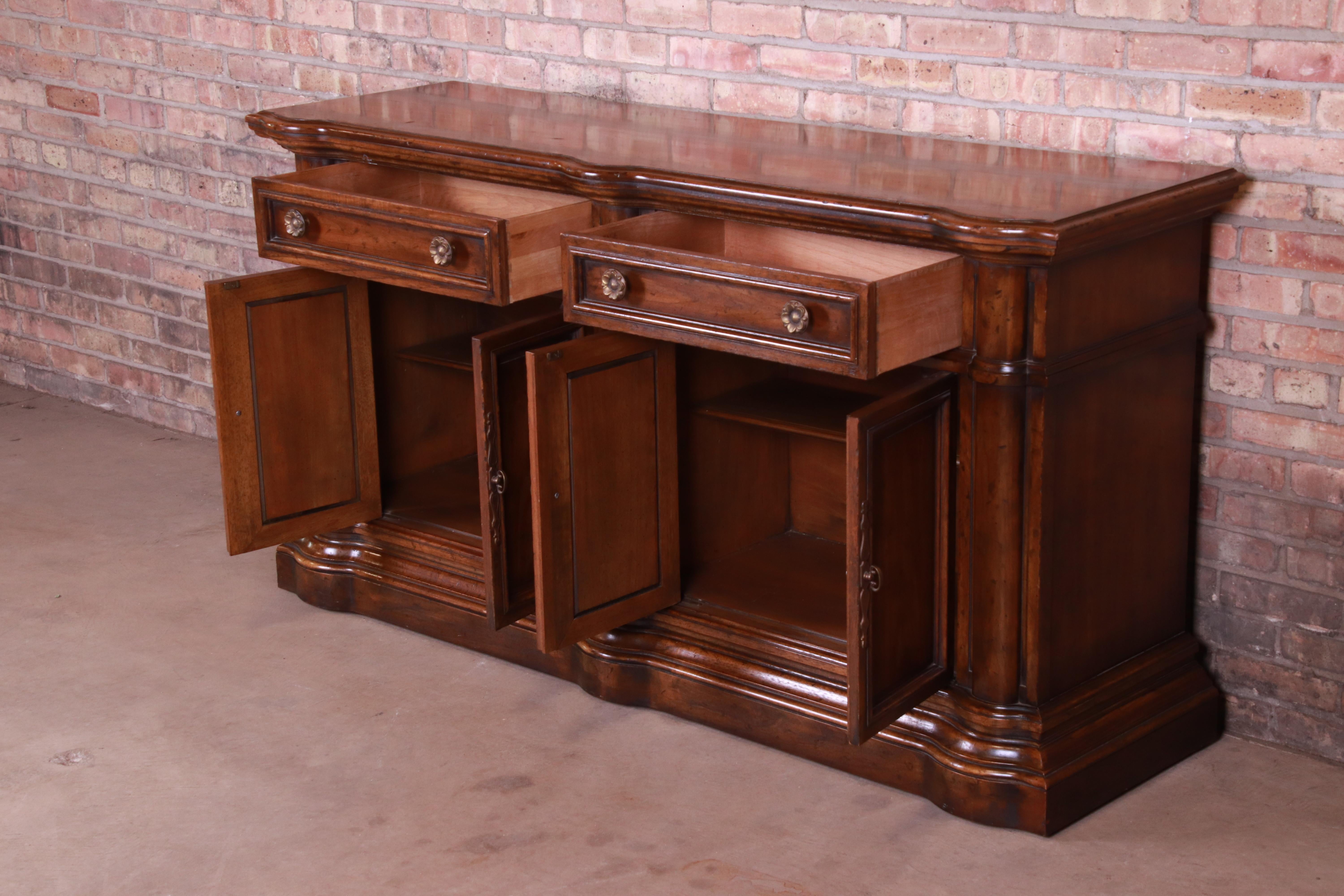 Brass Heritage French Provincial Walnut Sideboard Credenza or Bar Cabinet