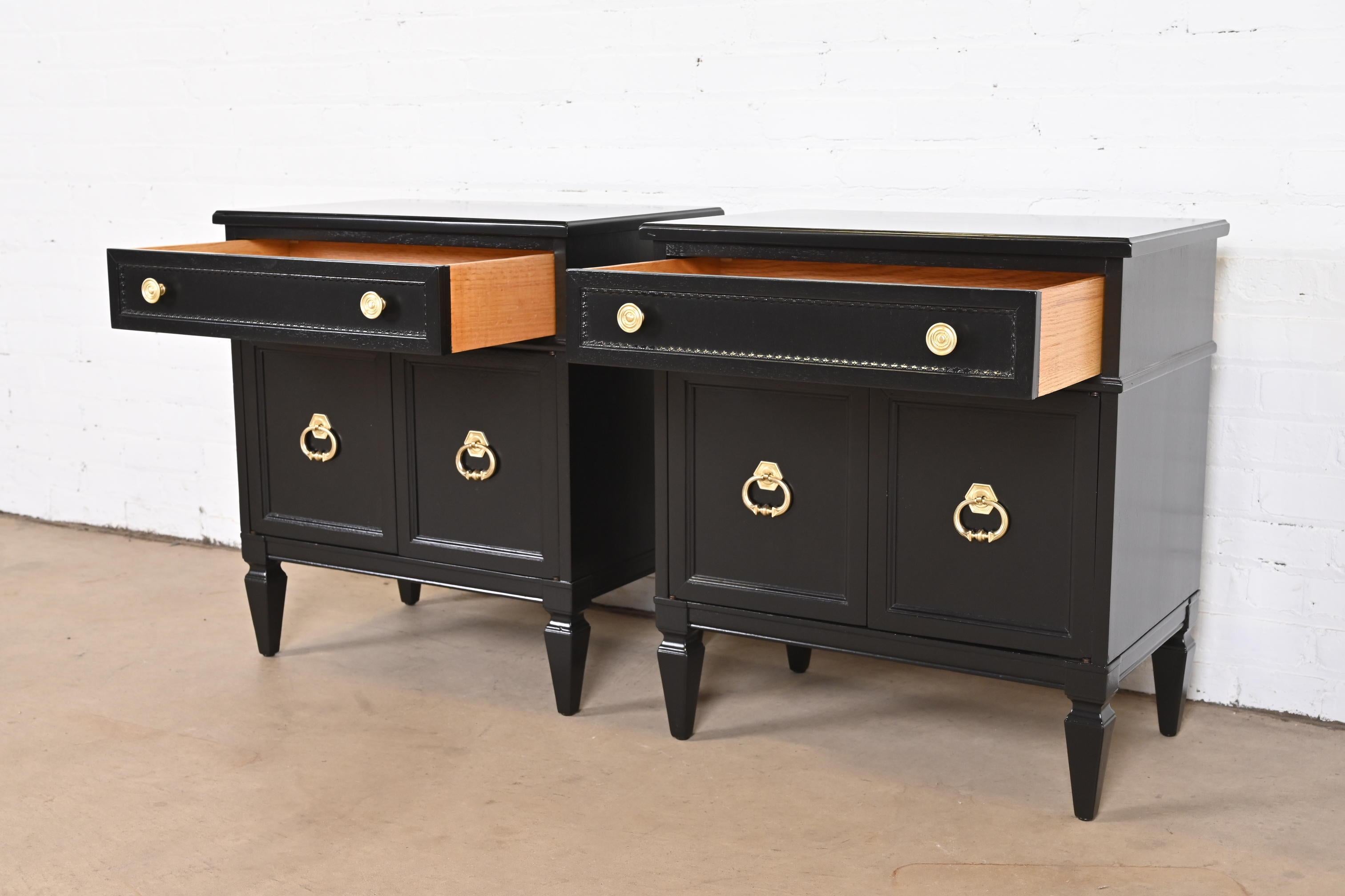 Brass Heritage French Regency Louis XVI Black Lacquered Nightstands, Newly Refinished