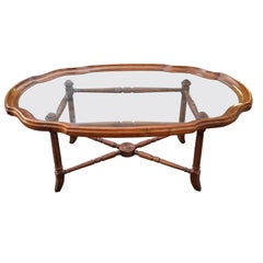 Heritage Furniture Faux Bambou Fruitwood Scalloped Glass Top Tray Coffee Table