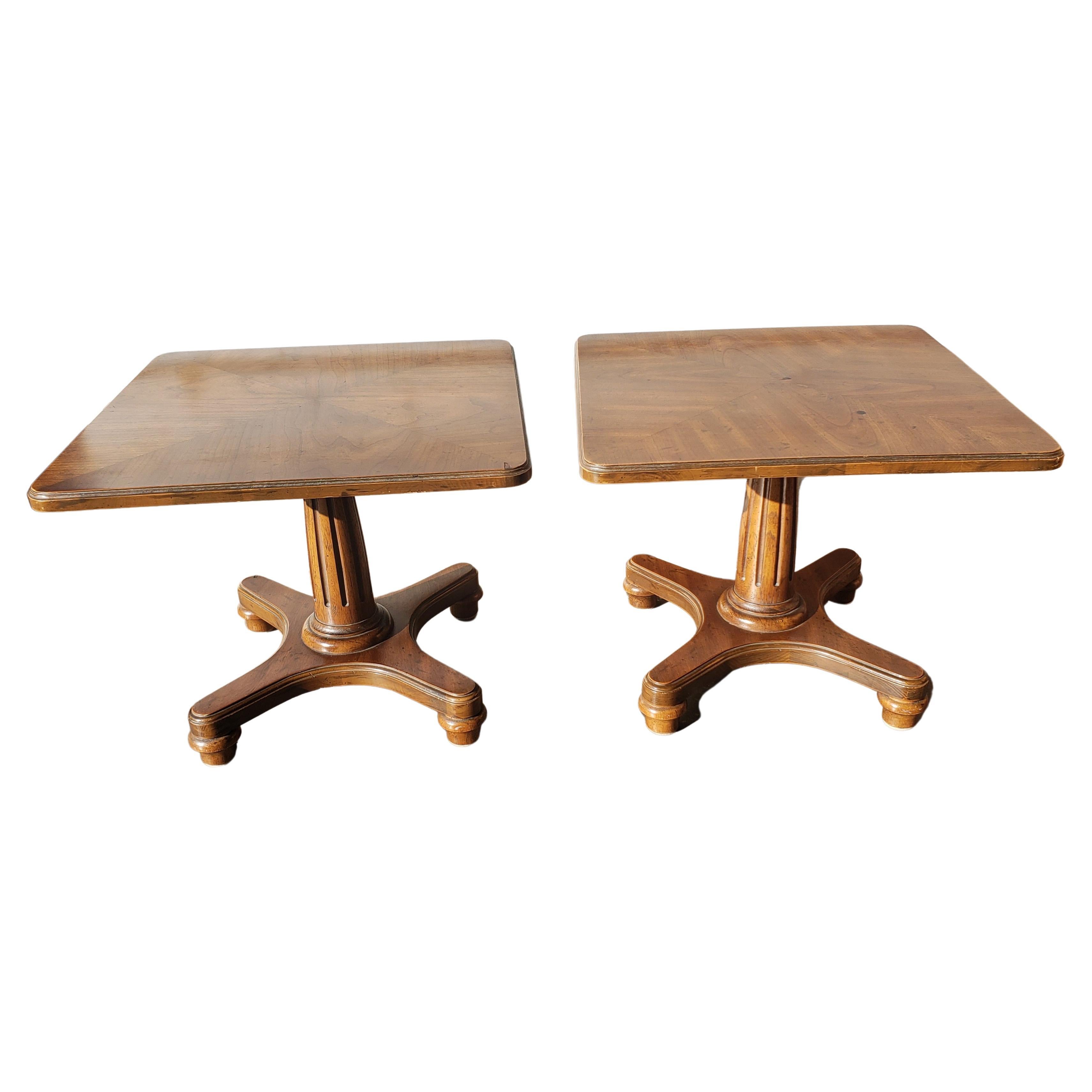 20th Century  Heritage Furniture Walnut Bookmatched Top Pedestal Side Tables, Circa 1967 For Sale