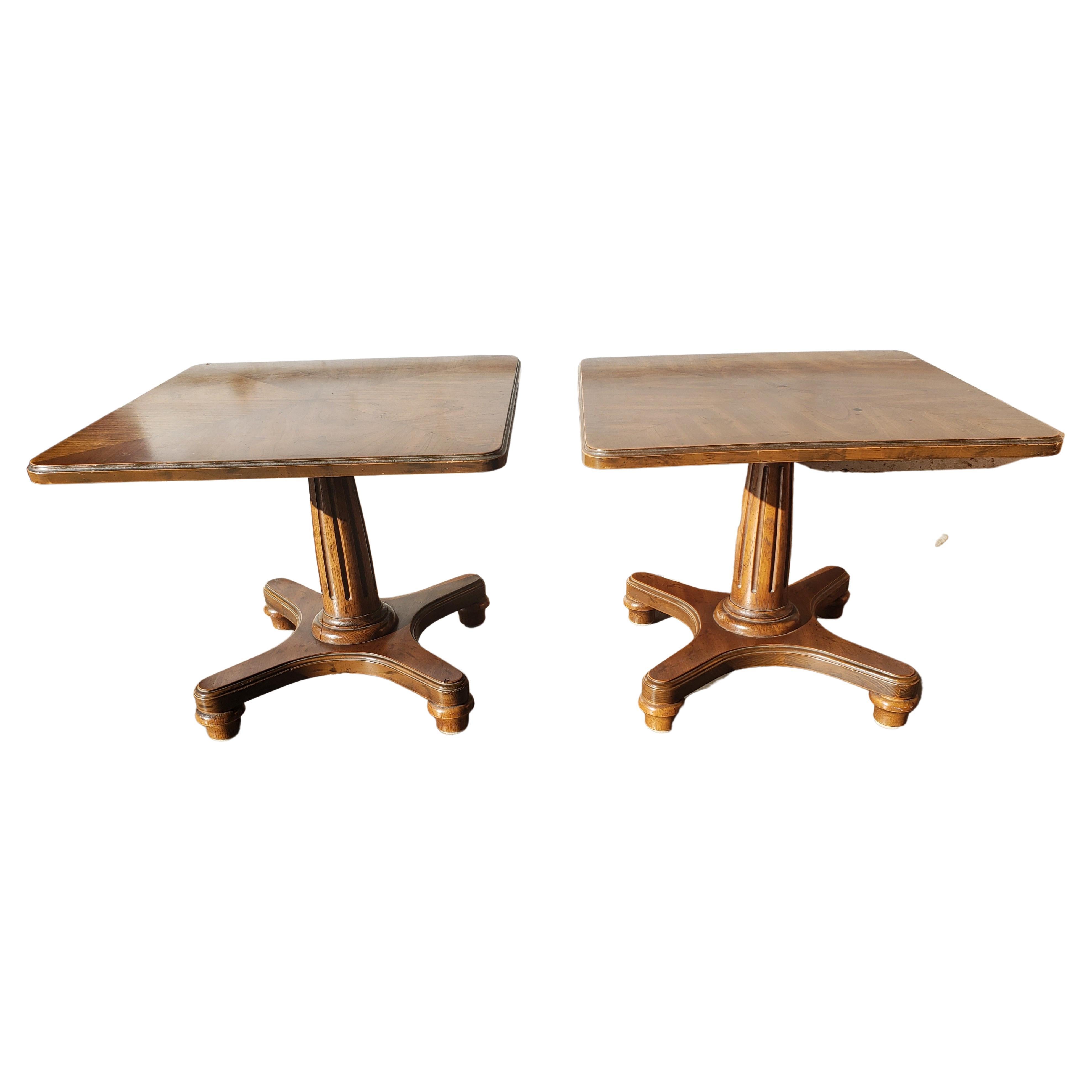Woodwork  Heritage Furniture Walnut Bookmatched Top Pedestal Side Tables, Circa 1967 For Sale