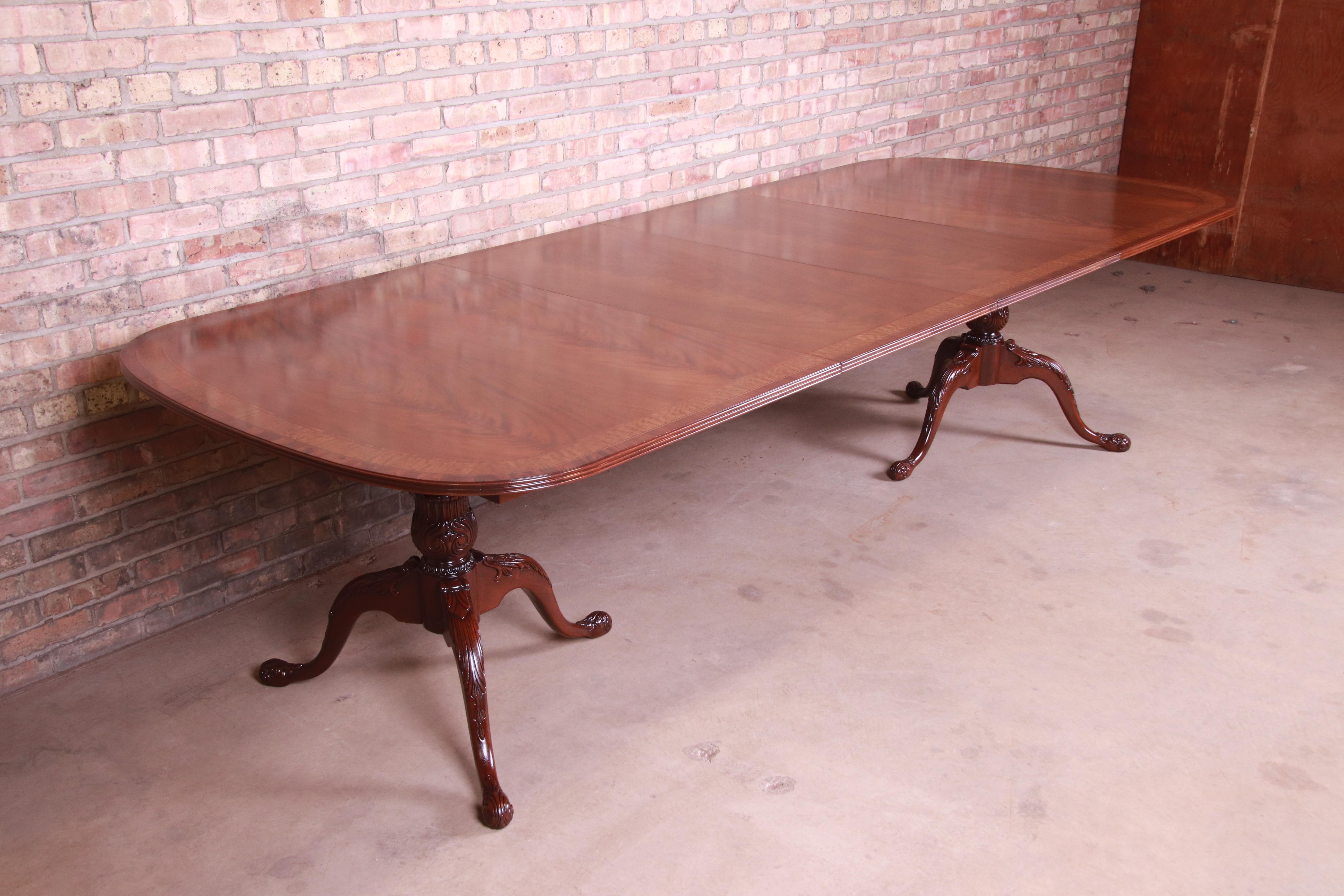 American Heritage Georgian Banded Mahogany Double Pedestal Dining Table, Newly Refinished