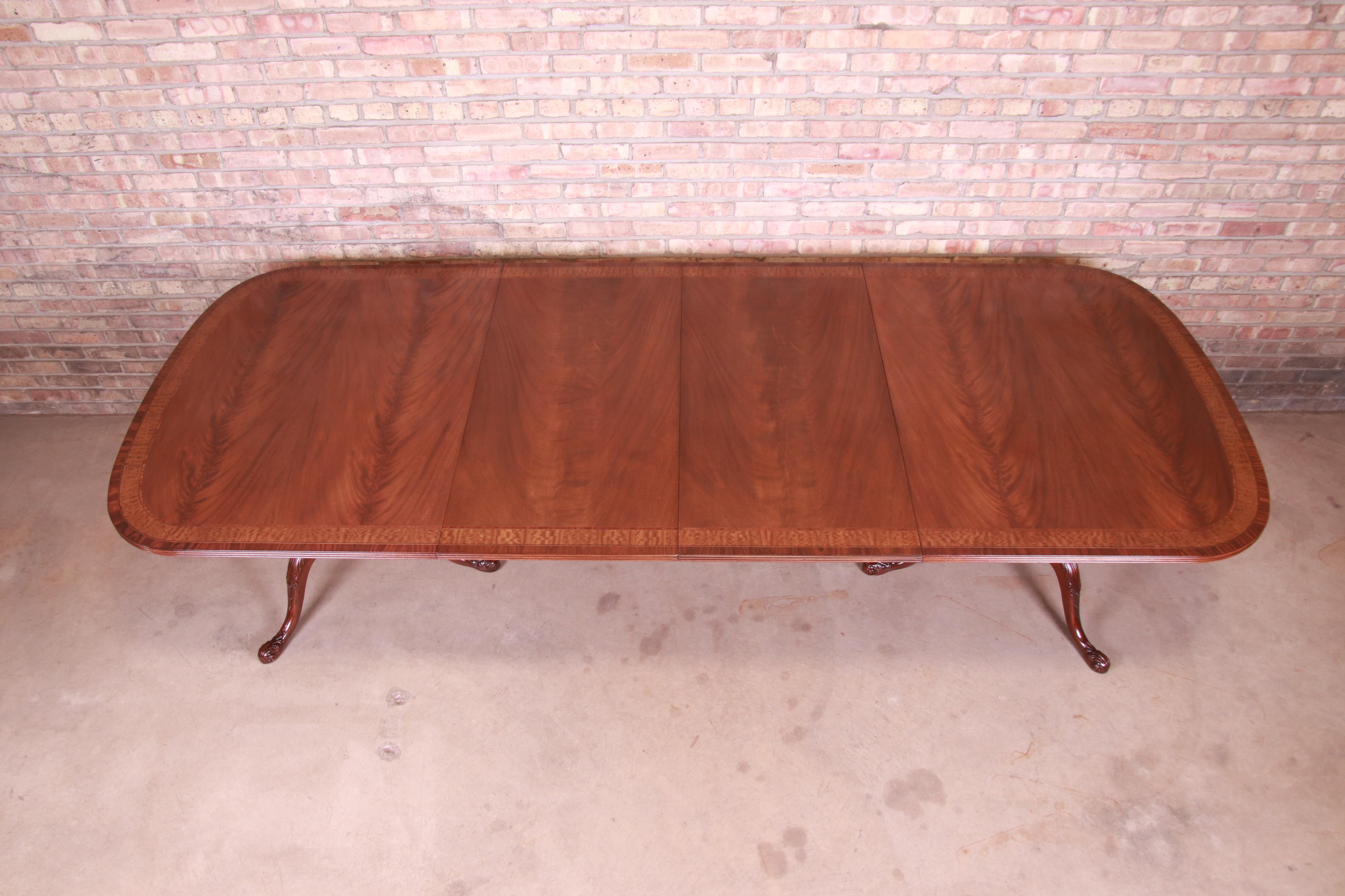 20th Century Heritage Georgian Banded Mahogany Double Pedestal Dining Table, Newly Refinished