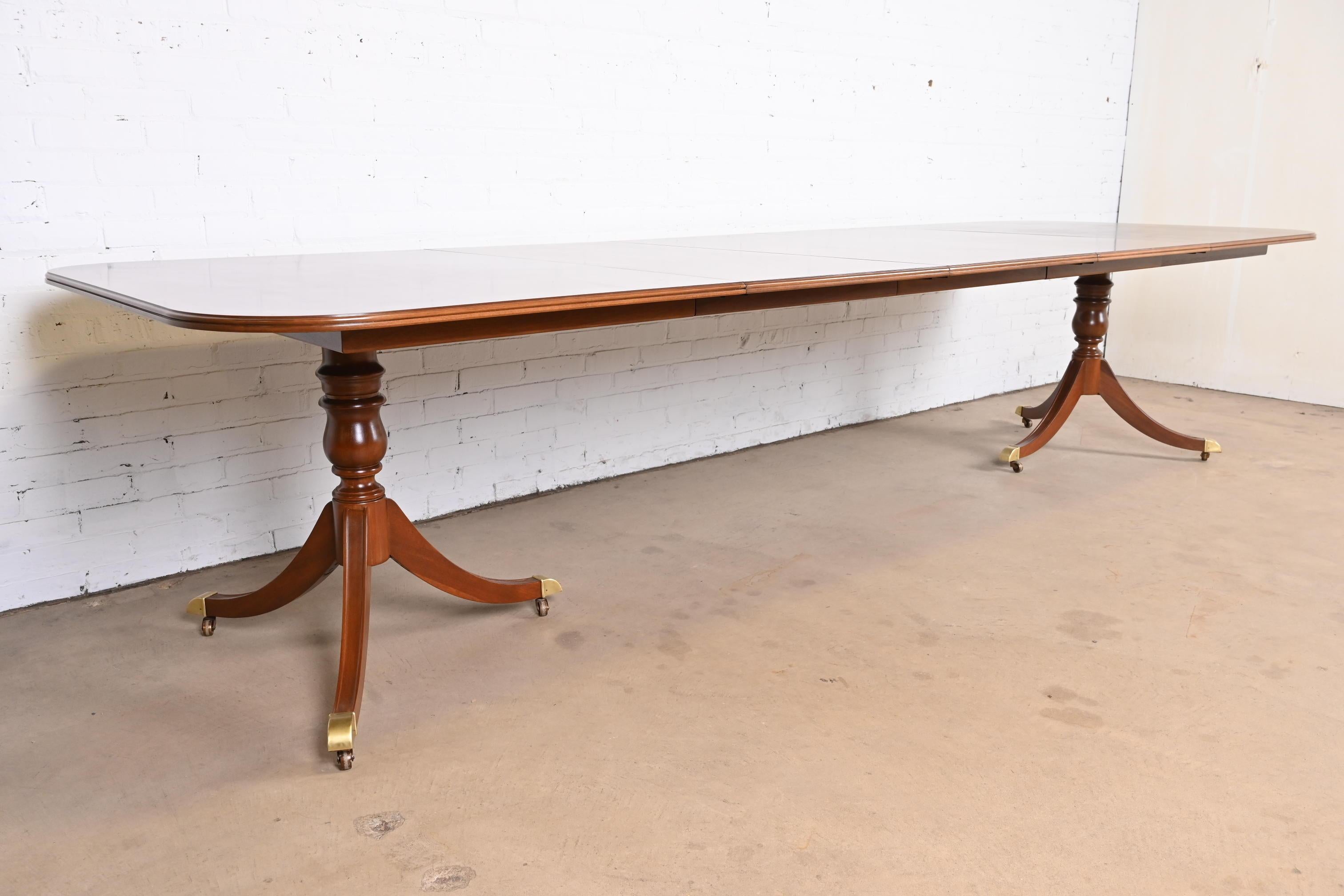 Brass Heritage Georgian Banded Mahogany Double Pedestal Dining Table, Newly Refinished