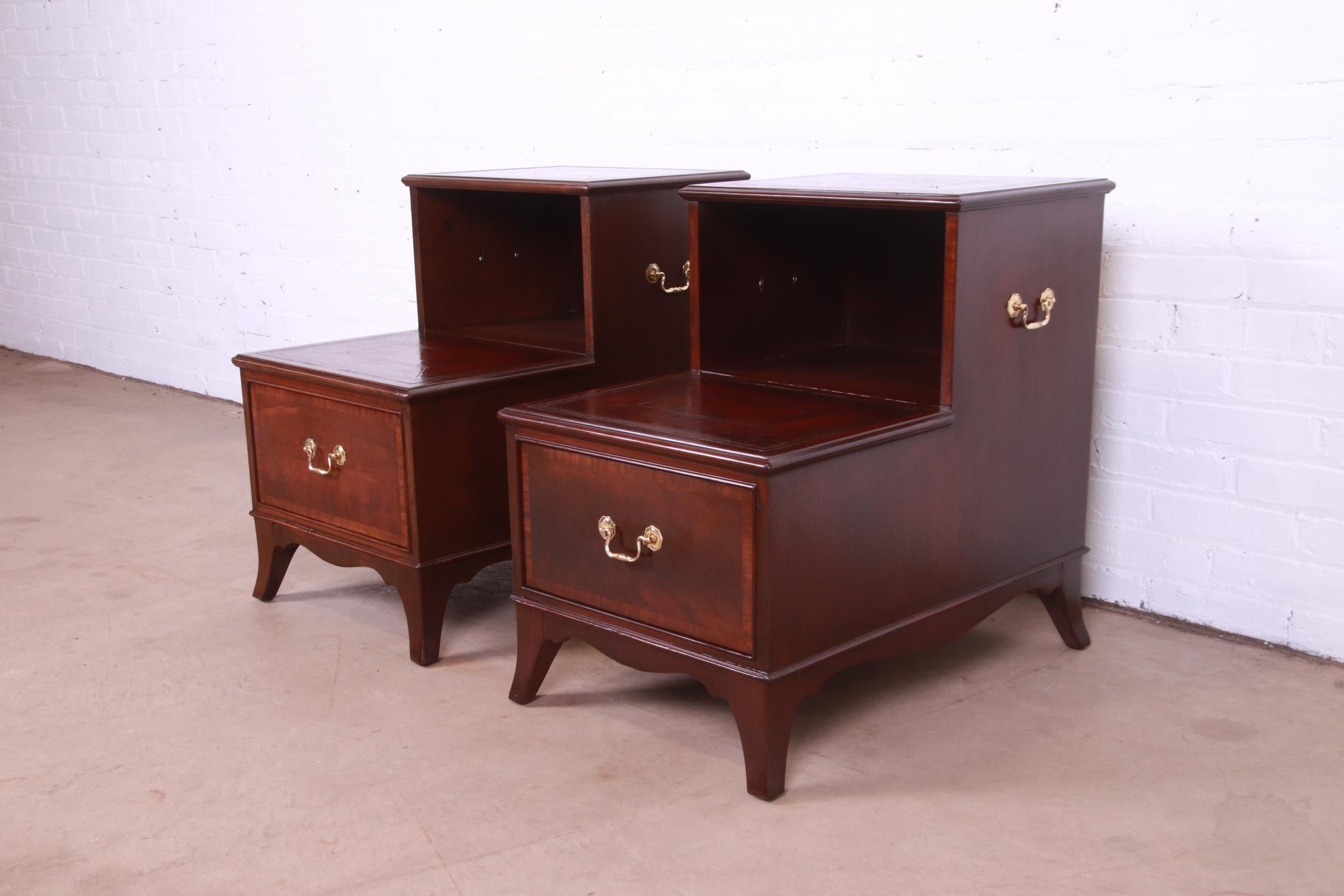 American Heritage Georgian Mahogany Leather Top Step End Tables or Nightstands, Pair For Sale
