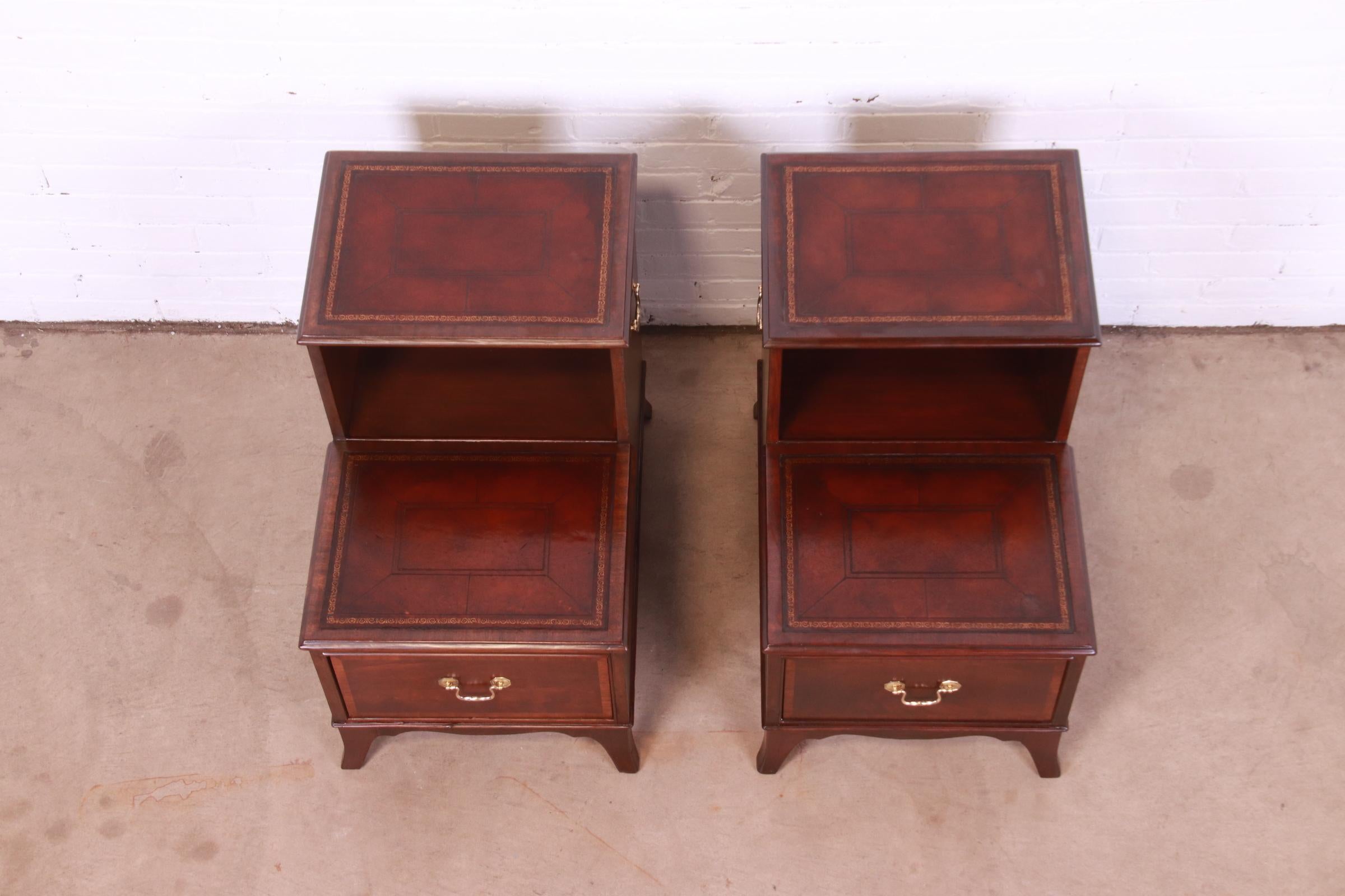 Brass Heritage Georgian Mahogany Leather Top Step End Tables or Nightstands, Pair For Sale