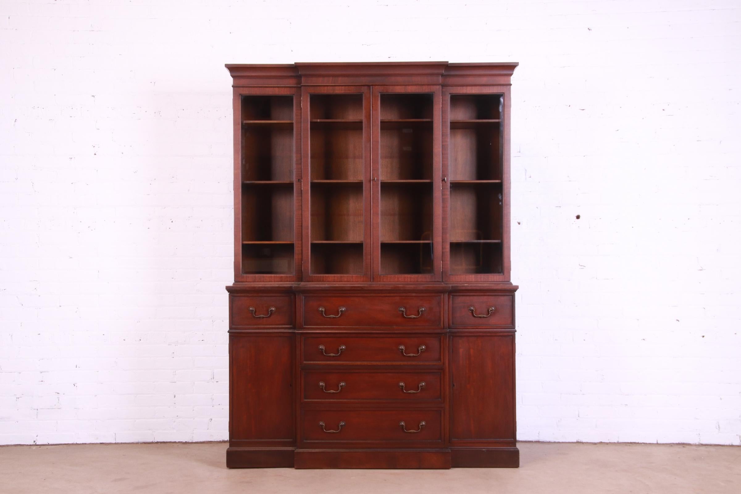 Brass Heritage Henredon Georgian Mahogany Breakfront Bookcase with Secretary Desk