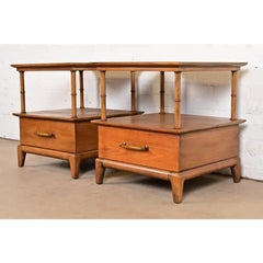 Heritage Henredon Mid-Century Modern Sculpted Walnut Nightstands, Pair