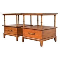 Heritage Henredon Mid-Century Modern Sculpted Walnut Nightstands, Pair
