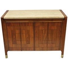 Heritage Henredon Walnut and Travertine Top Mid-Century Modern Server Cabinet