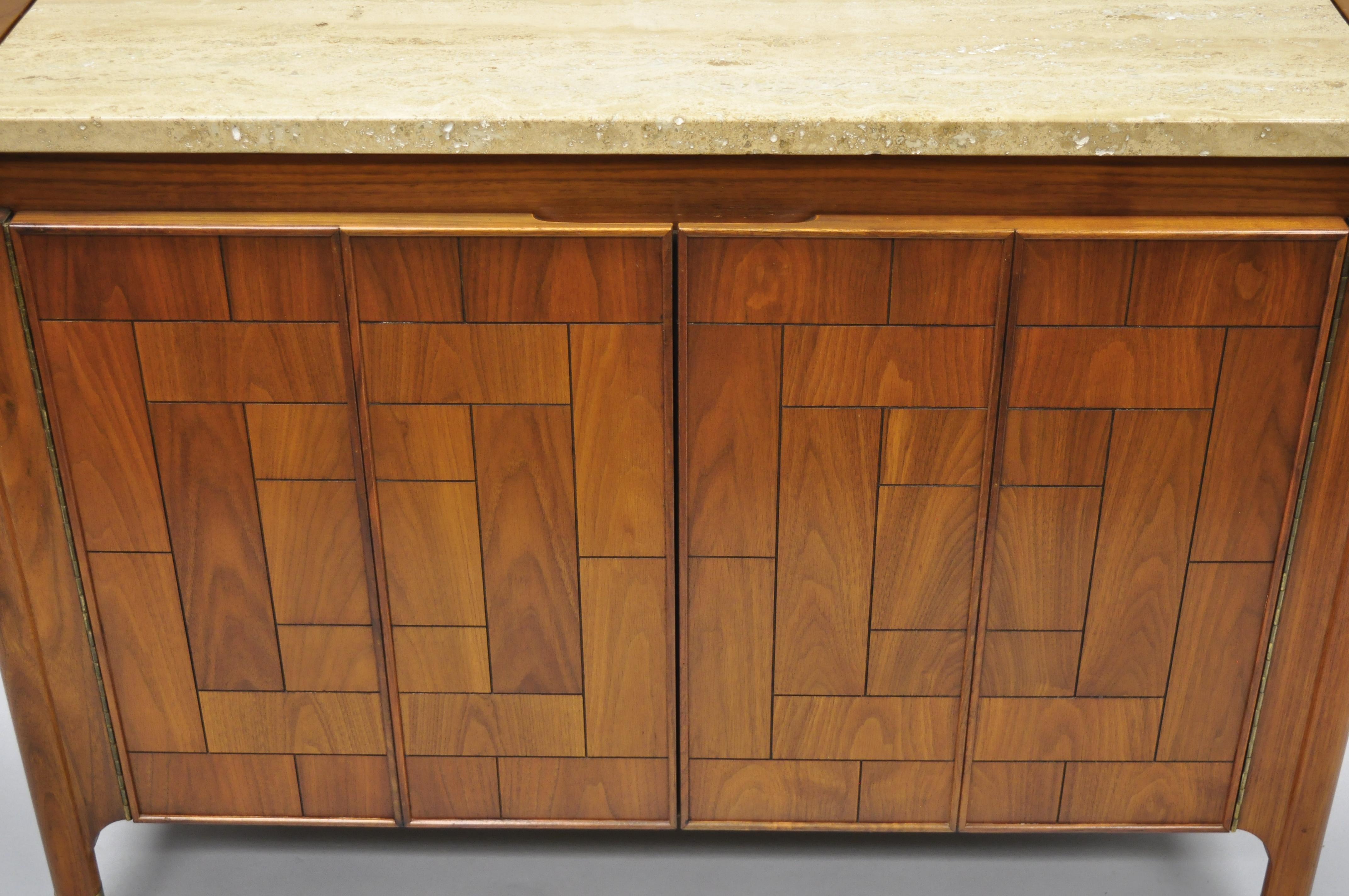 American Heritage Henredon Walnut and Travertine Top Mid-Century Modern Server Cabinet