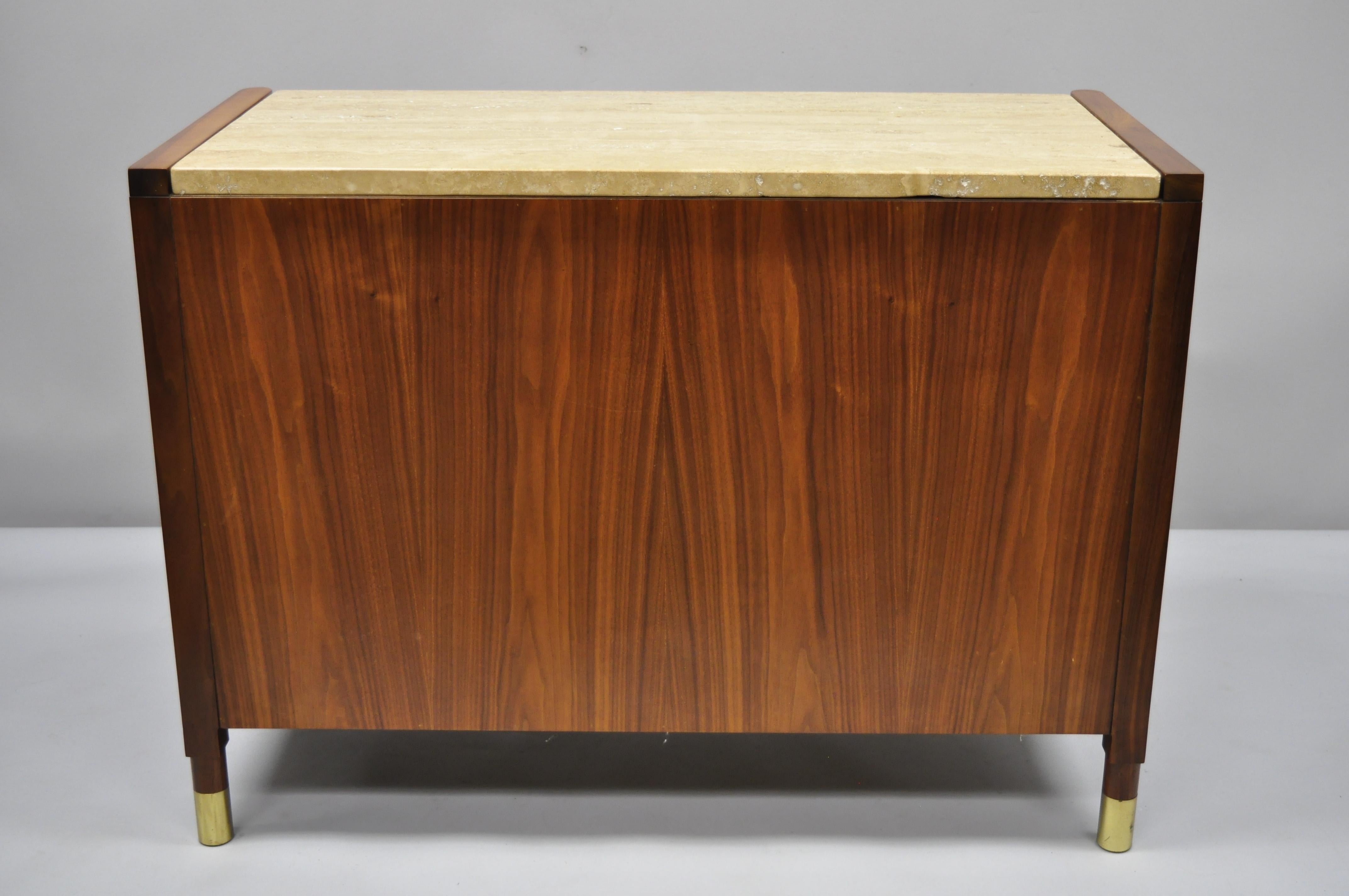 Heritage Henredon Walnut and Travertine Top Mid-Century Modern Server Cabinet In Good Condition In Philadelphia, PA