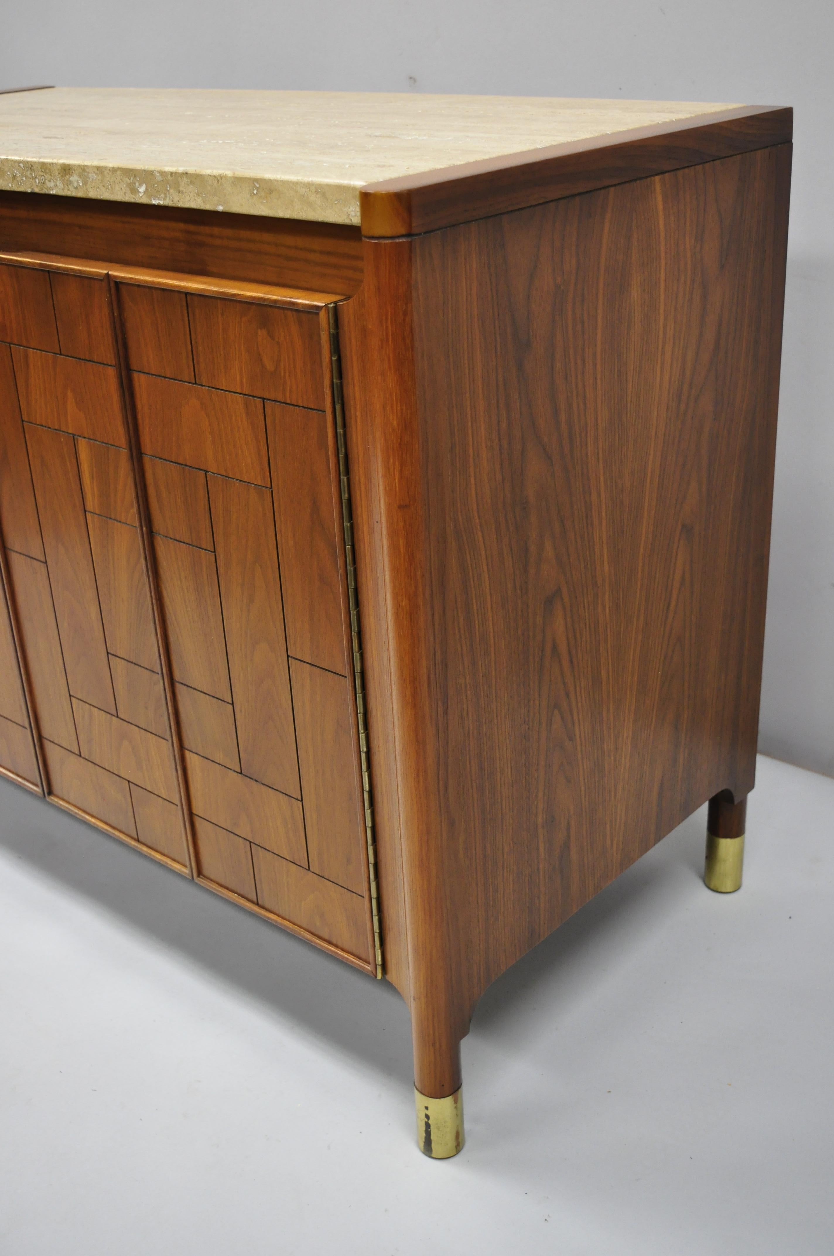 Heritage Henredon Walnut and Travertine Top Mid-Century Modern Server Cabinet 1