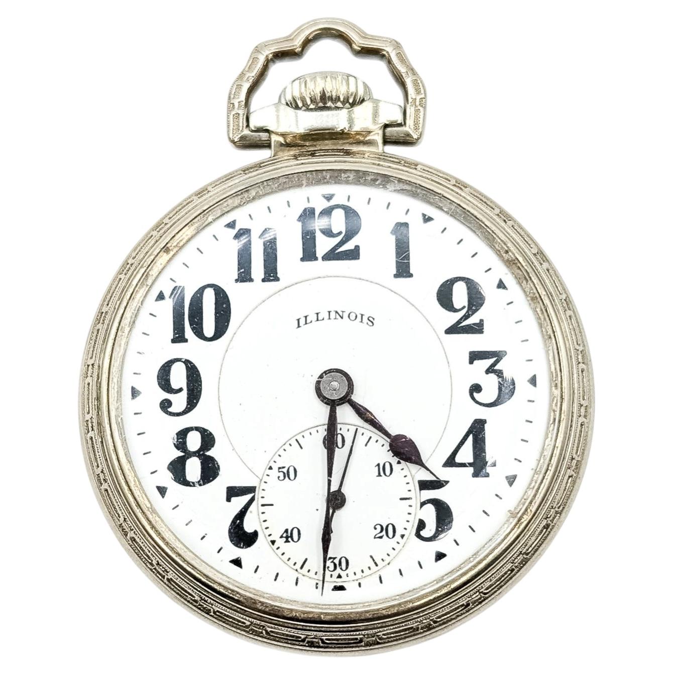 Heritage Illinois Bunn Special Pocket Watch in White Gold Plate For Sale