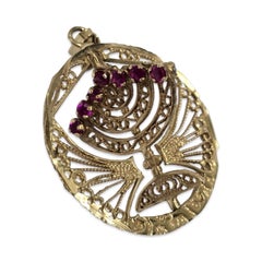 Heritage Judaica 14K Gold Reversible Menorah Pendant with Ruby & Turquoise
