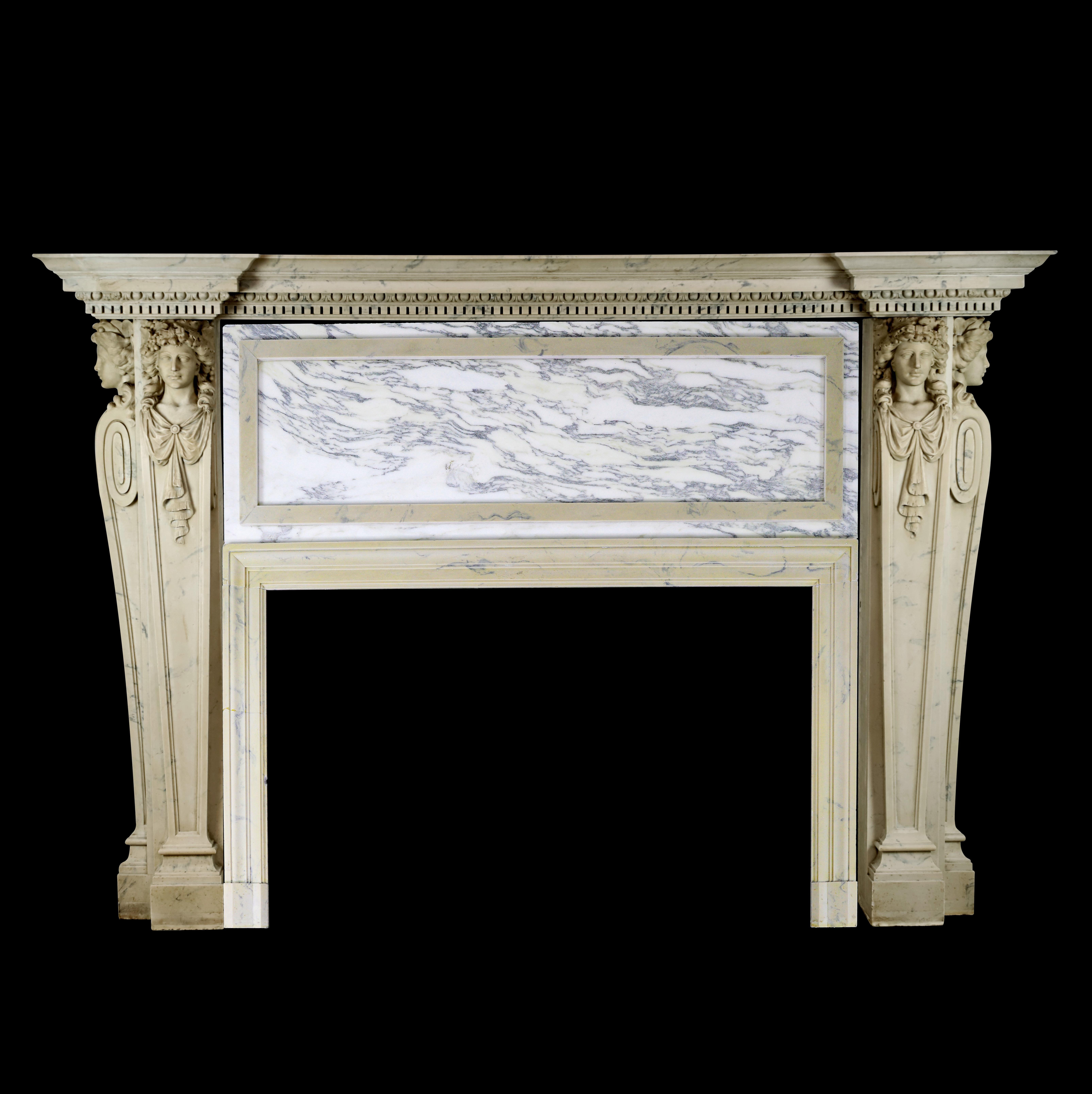 Large and heavy off white fiberglass composite fireplace surround made by Heritage Marble Inc. The shelf is designed with traditional crown molding above, along with classic egg and dart on top of dentil molding details below. Two forward facing