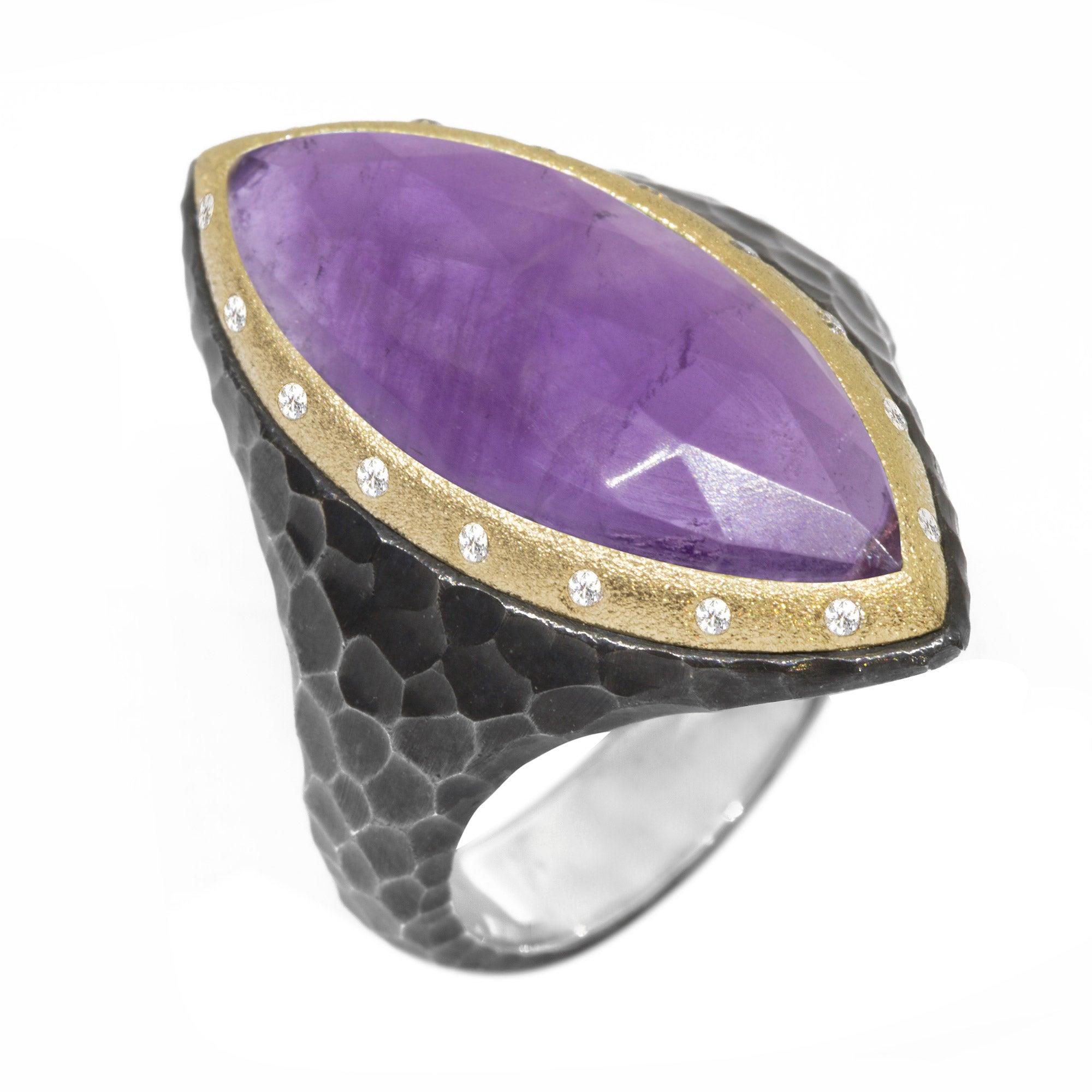 For Sale:  Heritage Marquise Amethyst 18 Karat Gold and Oxidized Ring 2