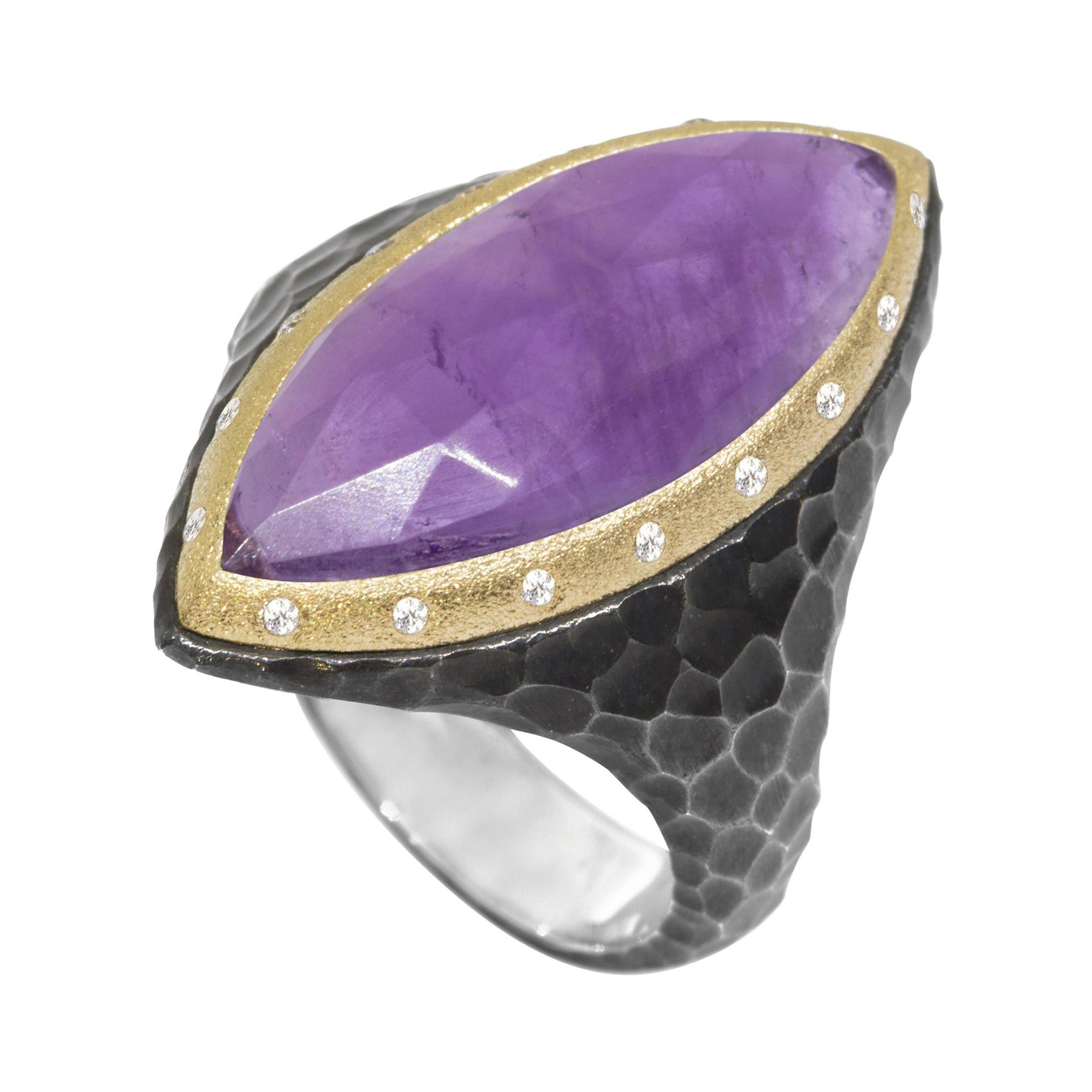 Heritage Marquise Amethyst 18 Karat Gold and Oxidized Ring