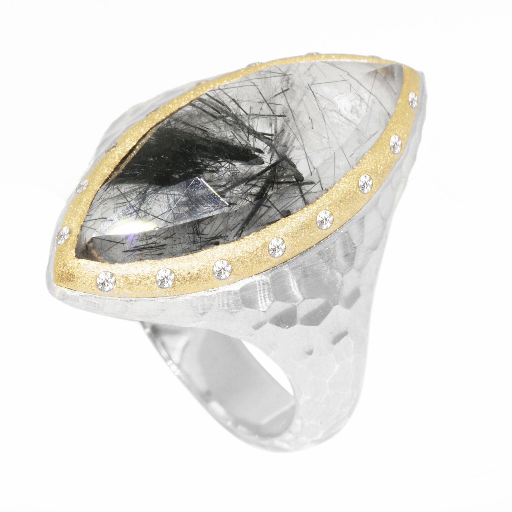 Im Angebot: Heritage Heritage Marquise Schwarzer Turmalin-Ring aus 18 Karat Gold und Silber () 2
