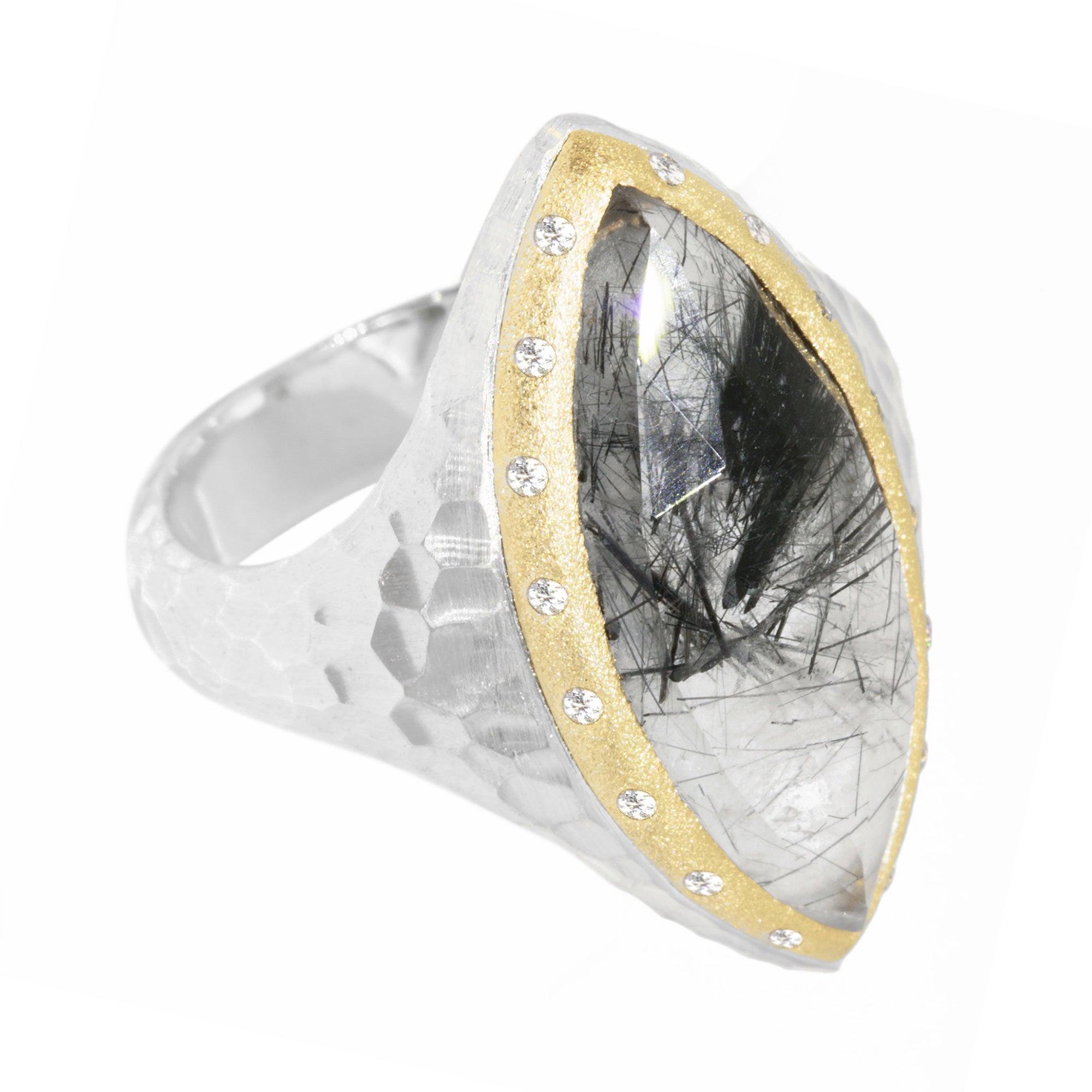 Im Angebot: Heritage Heritage Marquise Schwarzer Turmalin-Ring aus 18 Karat Gold und Silber () 3