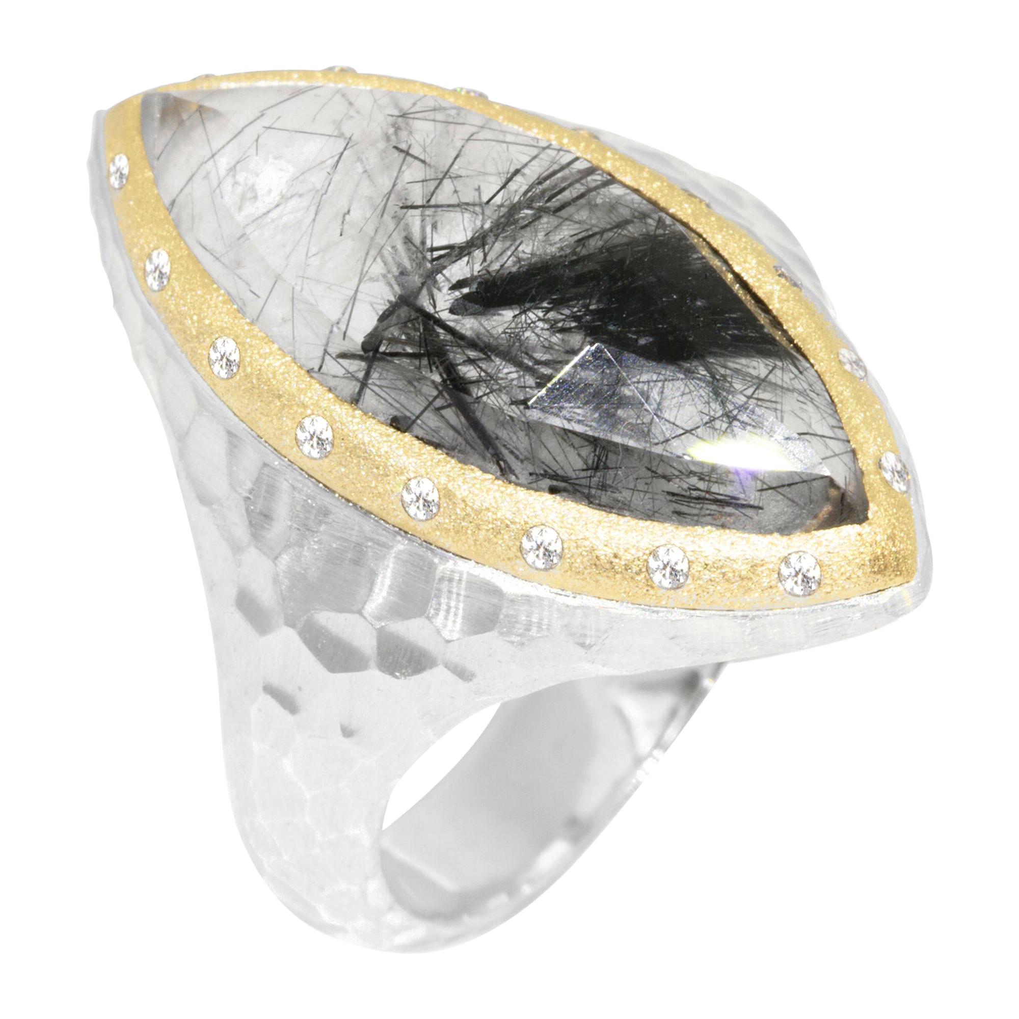 Im Angebot: Heritage Heritage Marquise Schwarzer Turmalin-Ring aus 18 Karat Gold und Silber ()