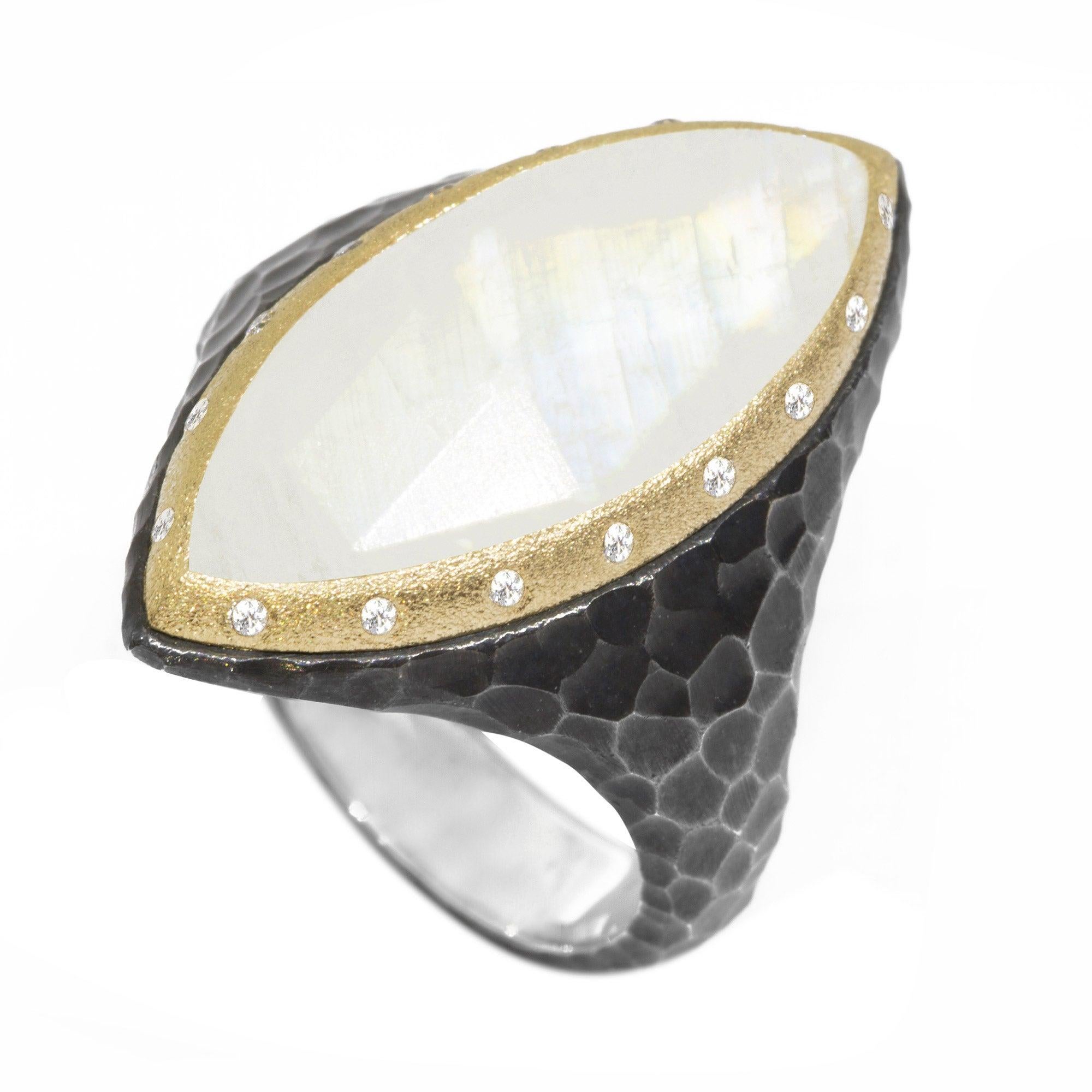 For Sale:  Heritage Marquise Moonstone 18 Karat Gold and Oxidized Ring 2