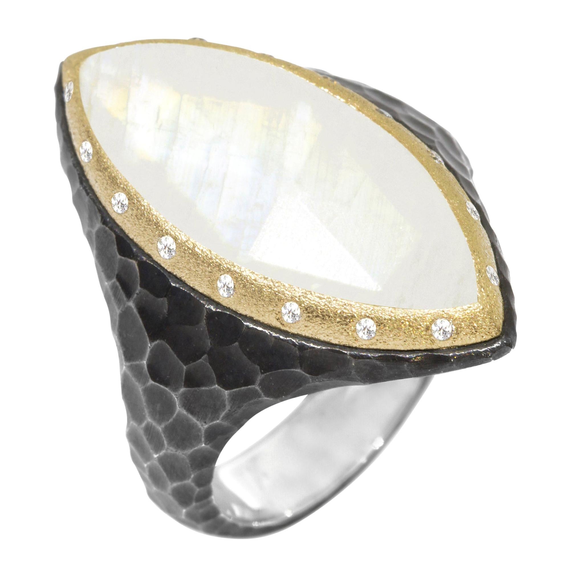 For Sale:  Heritage Marquise Moonstone 18 Karat Gold and Oxidized Ring