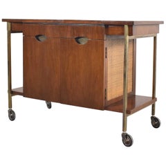 Used Heritage Mid-Century Modern Walnut & Cane Rolling Bar Cocktail Dessert Tea Cart