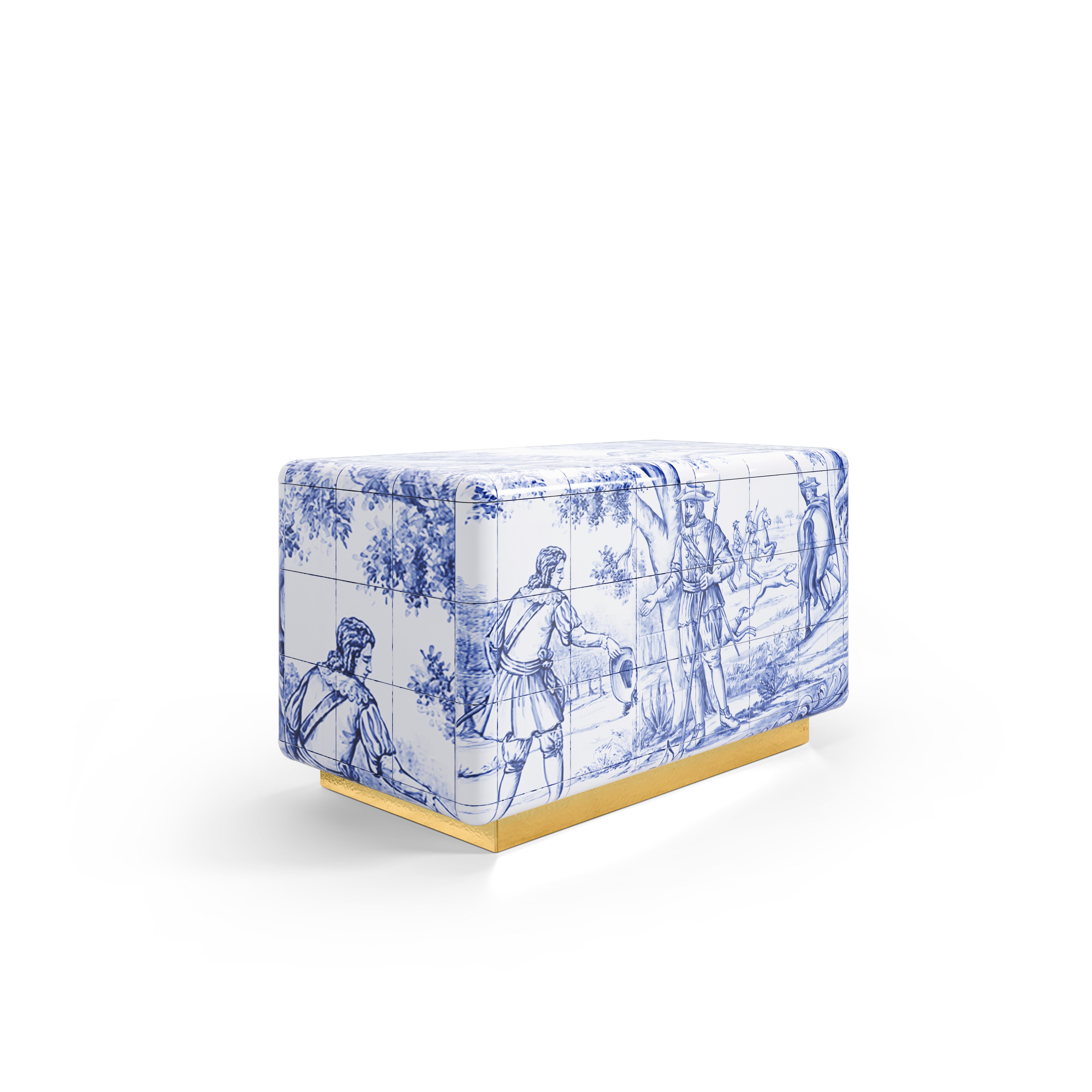 The Heritage Nightstand is influenced by the Azulejo, a landmark in Portuguese culture. Originating from the Arabic word zellige, this traditional hand painted tile that can be found all over the country, from churches, to houses and gardens and was