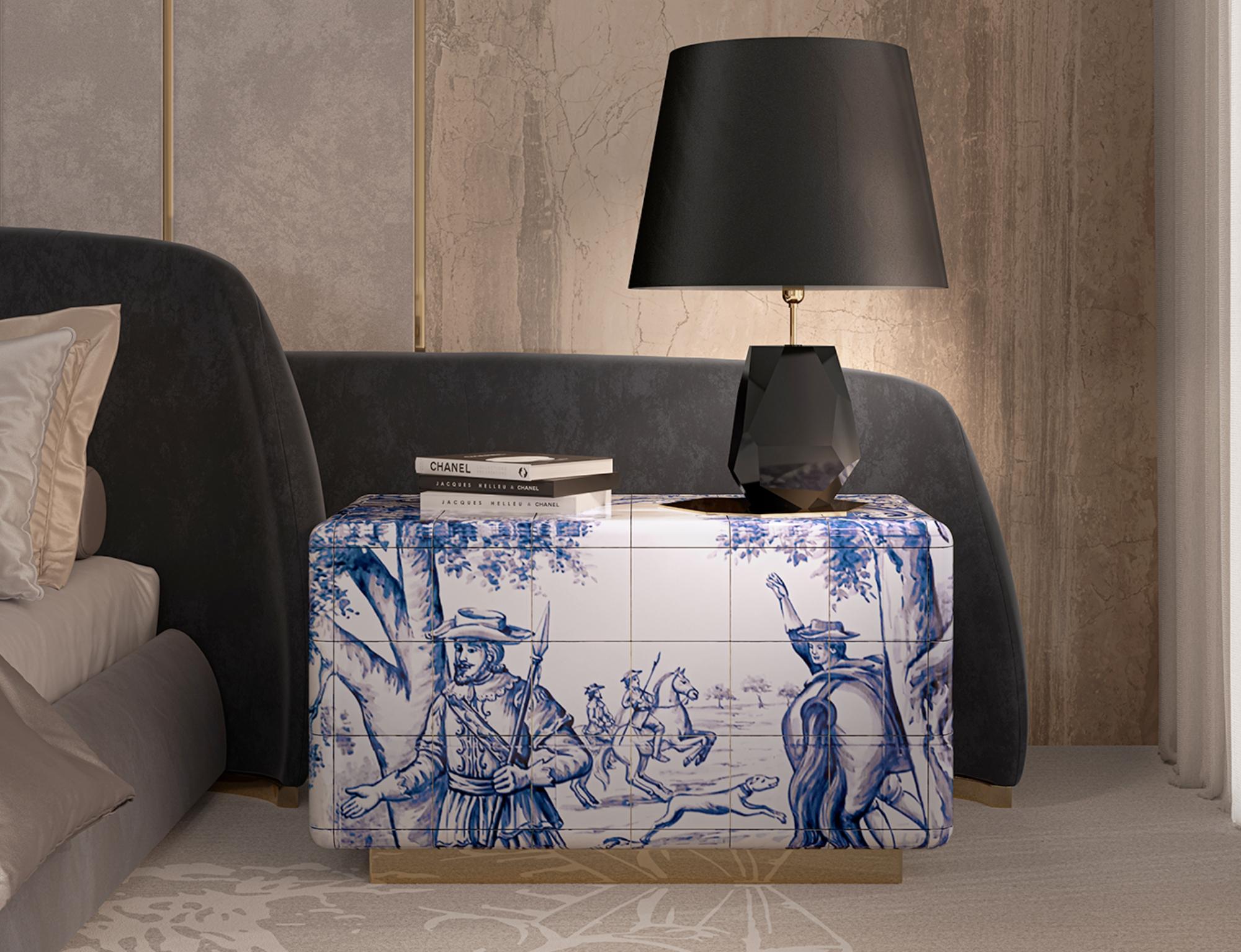 Contemporary Heritage Nightstand - Hand-Painted Tiles - Gold Plated & Brass - Boca do Lobo For Sale