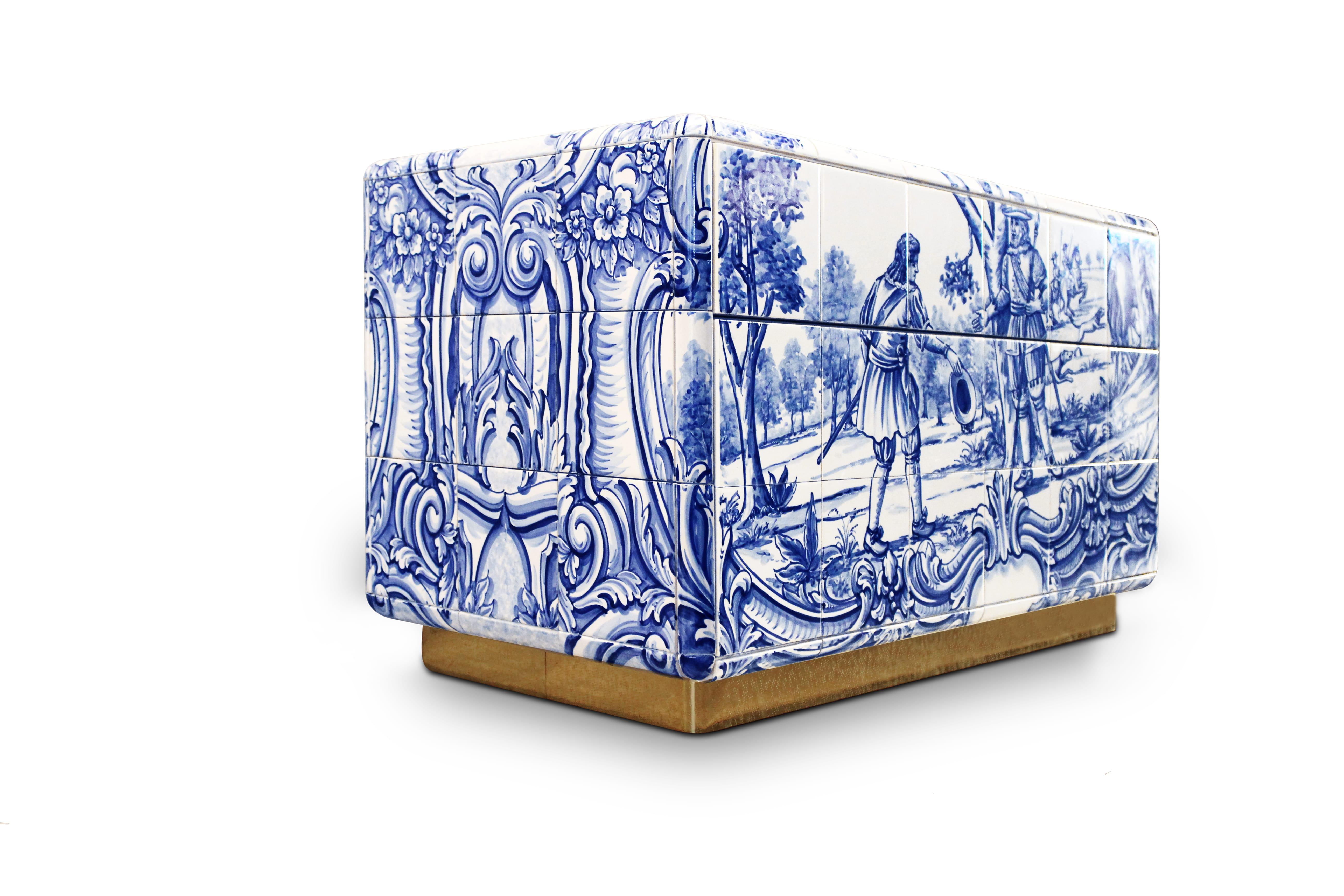 The Heritage nightstand is influenced by the Azulejo, a landmark in Portuguese culture. Originating from the Arabic word zellige, this traditional hand painted tile that can be found all over the country, from churches, to houses and gardens and was