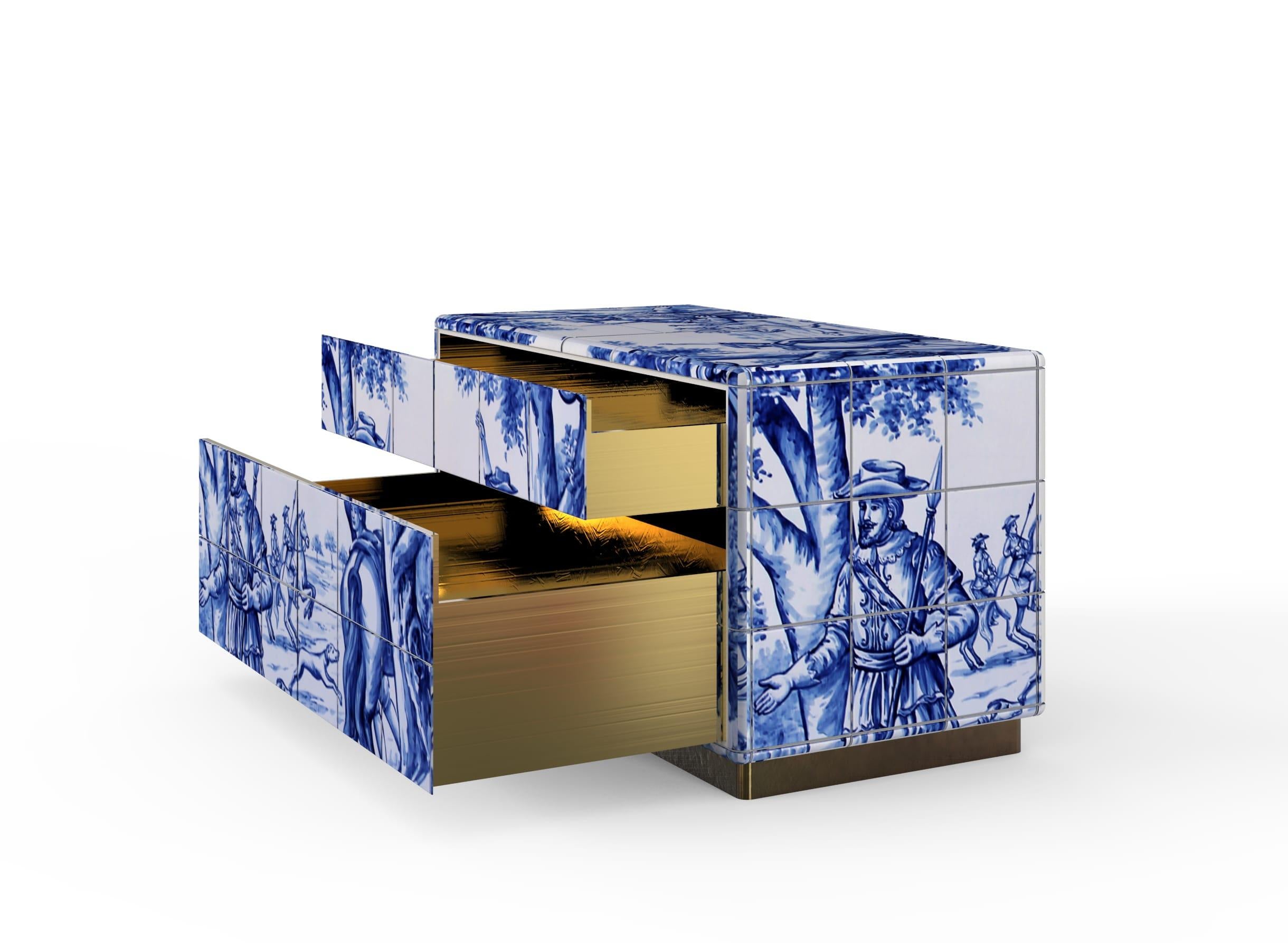 Modern Heritage Nightstand in Blue Hand Painted Tile For Sale