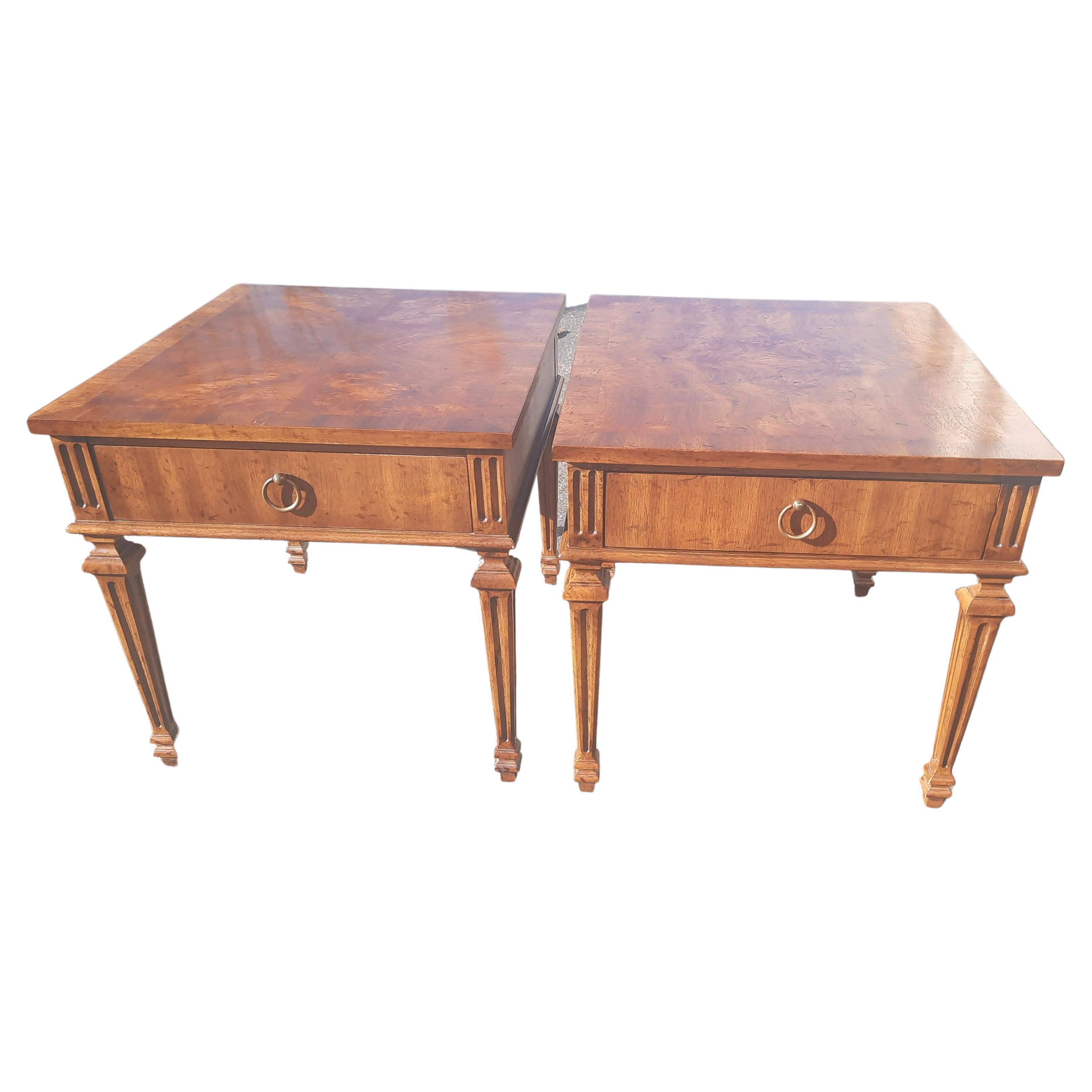 20th Century Heritage One Drawer Walnut Burl Side Tables, circa 1960s, a Pair For Sale